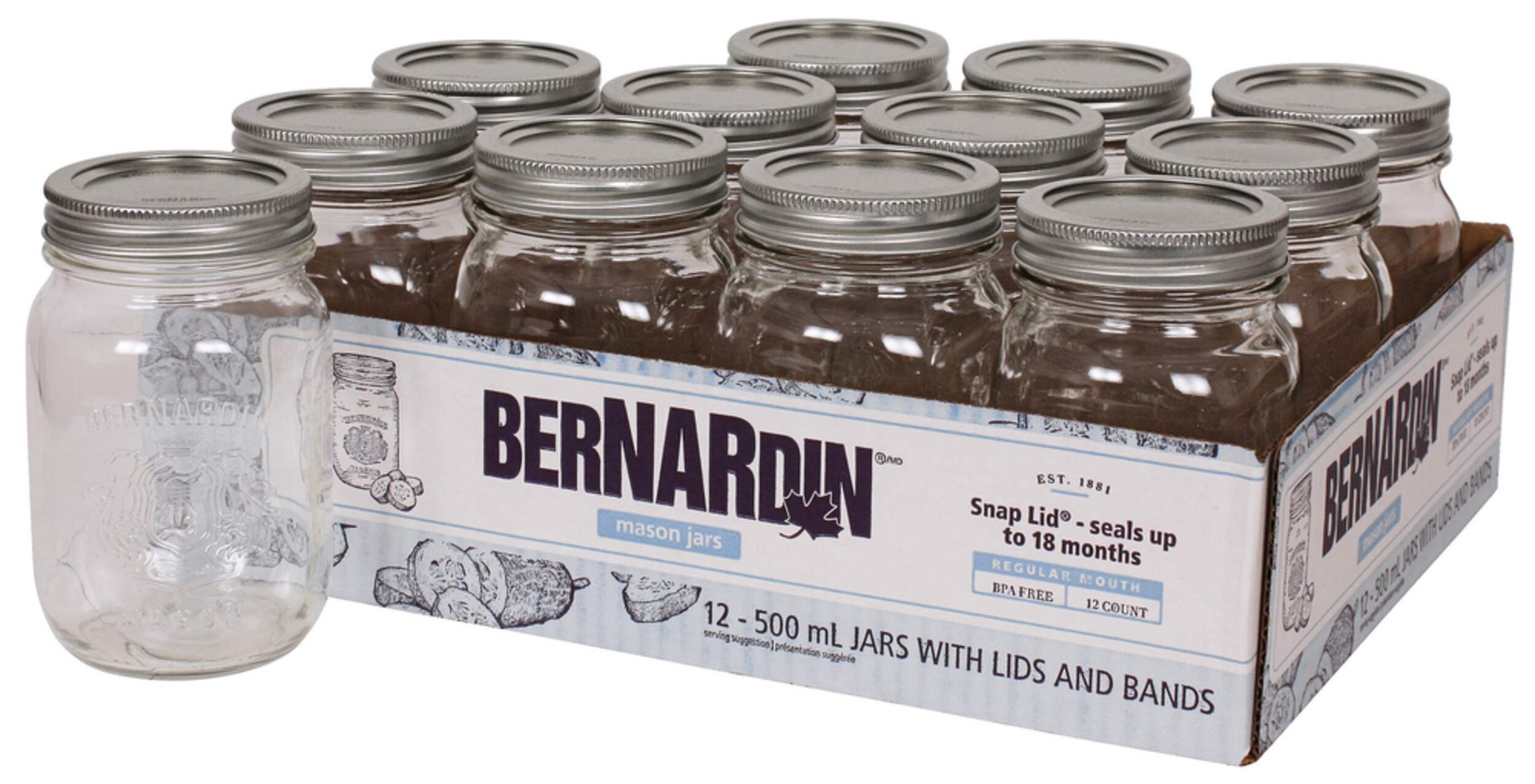 Bernardin Regular Mouth Glass Mason Jars with Snap Lids, 500 ml, 12