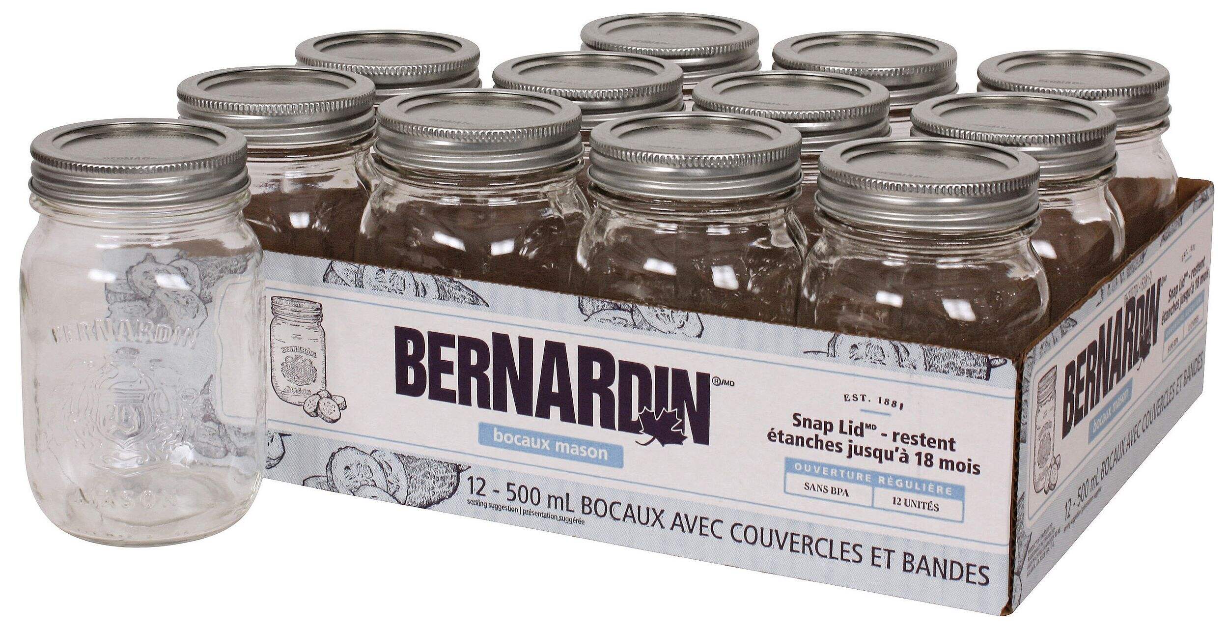 Bocaux Mason en verre à ouverture standard Bernardin avec couvercles à pression, 500 mL, paq. 12 Composite_or_Mixed