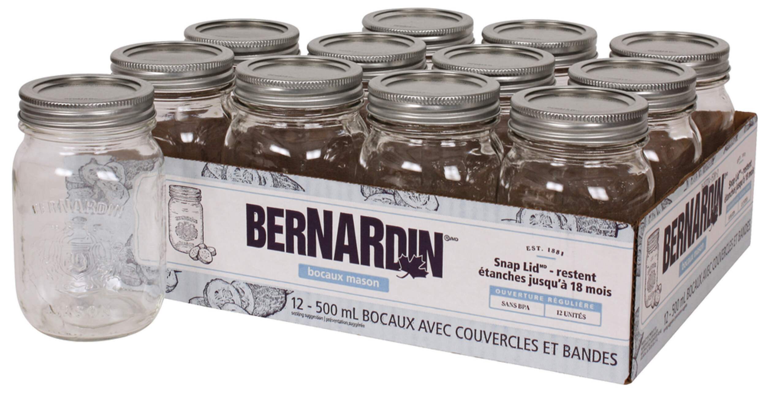 Bernardin Regular Mouth Glass Mason Jars with Snap Lids, 500 ml, 12