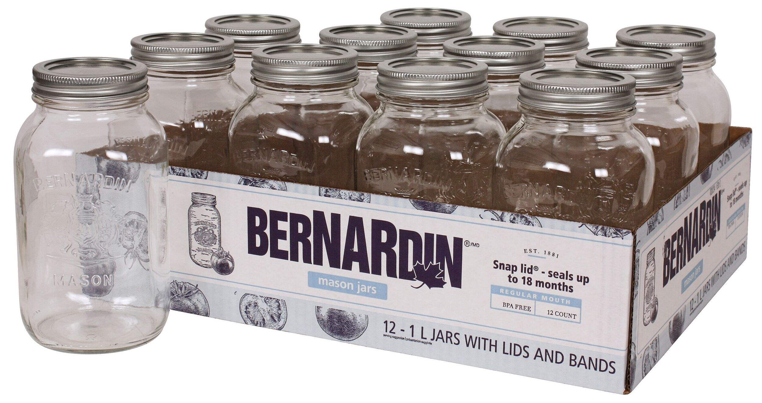 Bernardin Regular Mouth Glass Mason Jars with Lids and Bands, 1 L, 12 Count Composite_or_Mixed