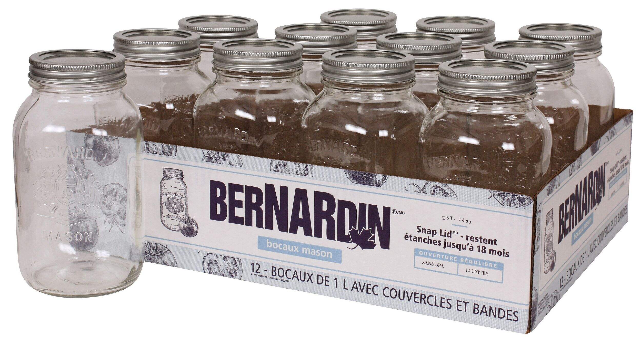 Bocaux Mason en verre à ouverture standard Bernardin avec couvercles à pression et bagues, 1 L, paq. 12 Composite_or_Mixed