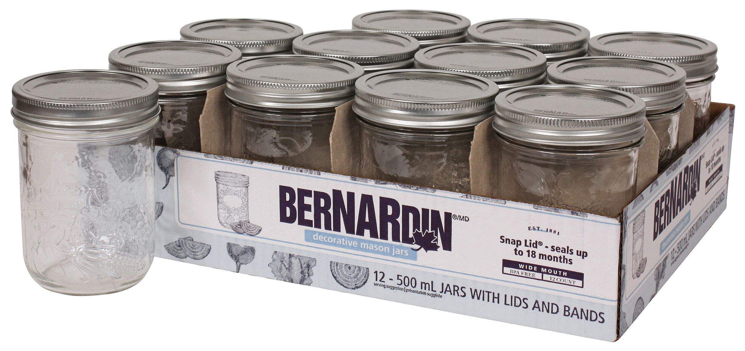 Bernardin Wide Mouth Decorative Glass Mason Jars with Snap Lids, 500 mL, 12 Count Composite_or_Mixed