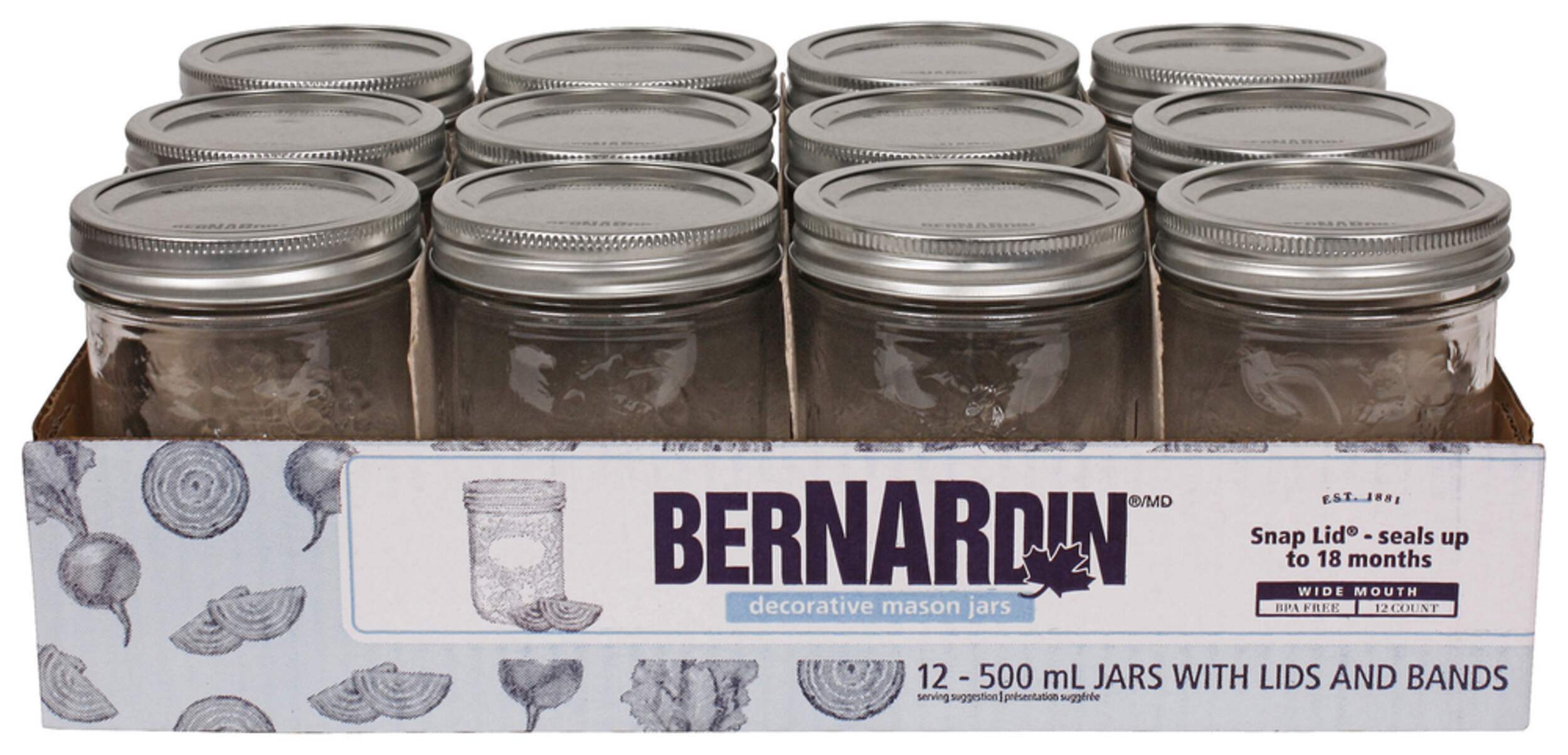 Bernardin Wide Mouth Decorative Glass Mason Jars with Snap Lids, 500 ml, 12 Count Canadian Tire