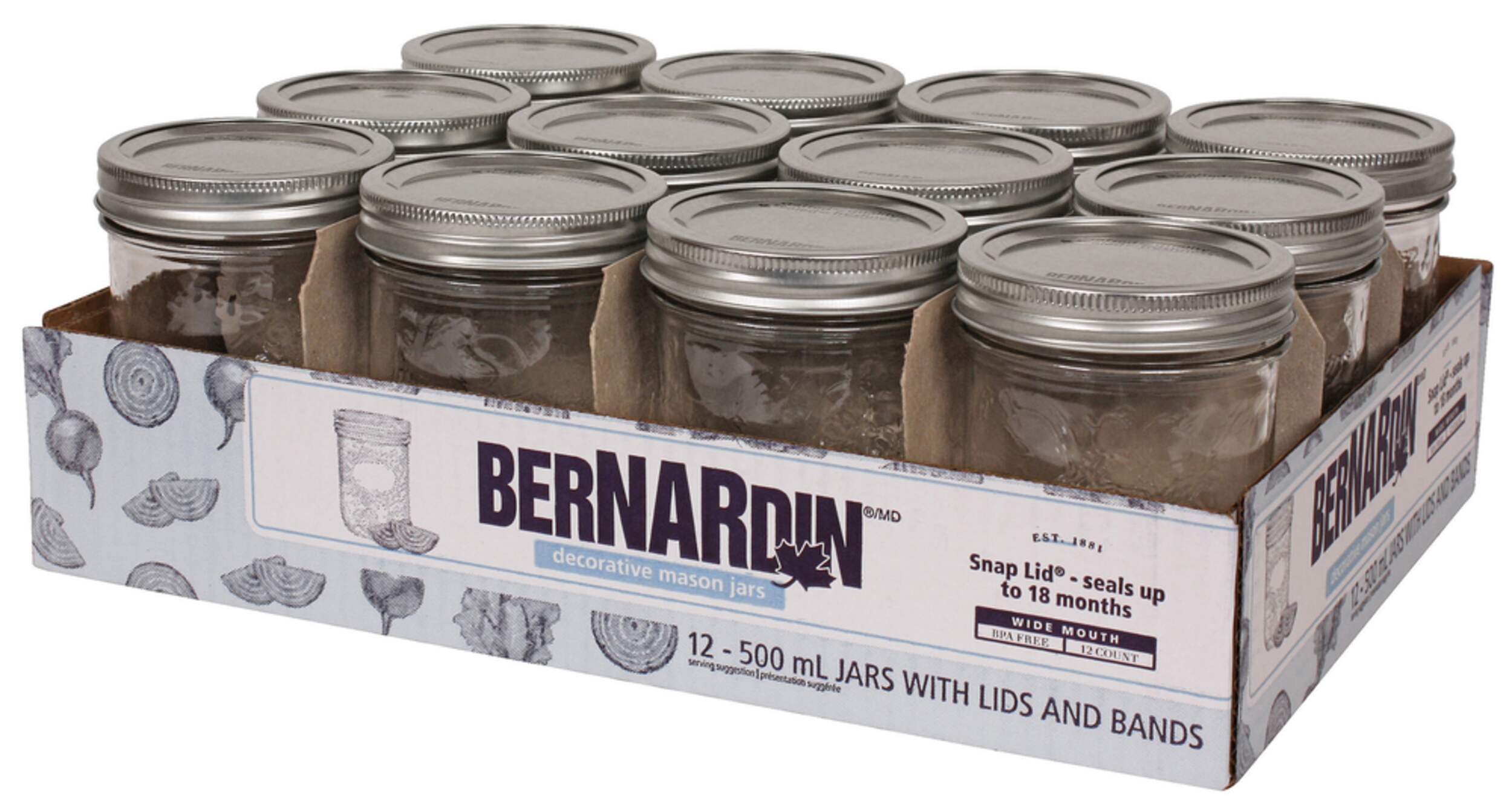 Bernardin Wide Mouth Decorative Glass Mason Jars with Snap Lids, 500 ml