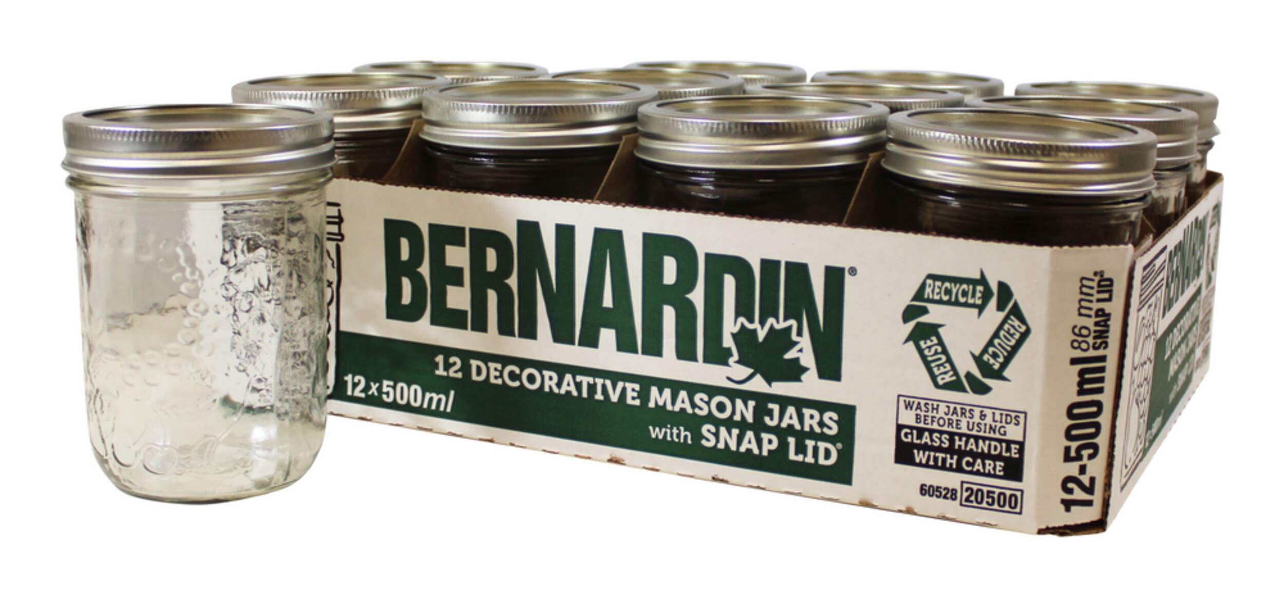 Bernardin Wide Mouth Decorative Glass Mason Jars with Snap Lids, 500 ml, 12 Count Canadian Tire
