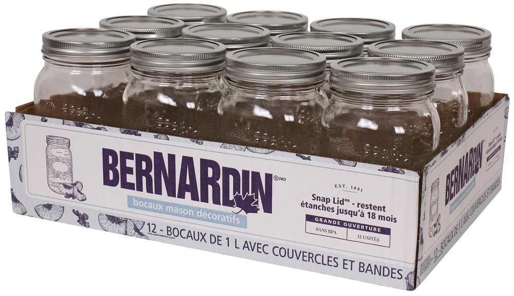 Bernardin 12 x 1L Wide Mouth Decorative Glass Mason Jars with Snap Lids