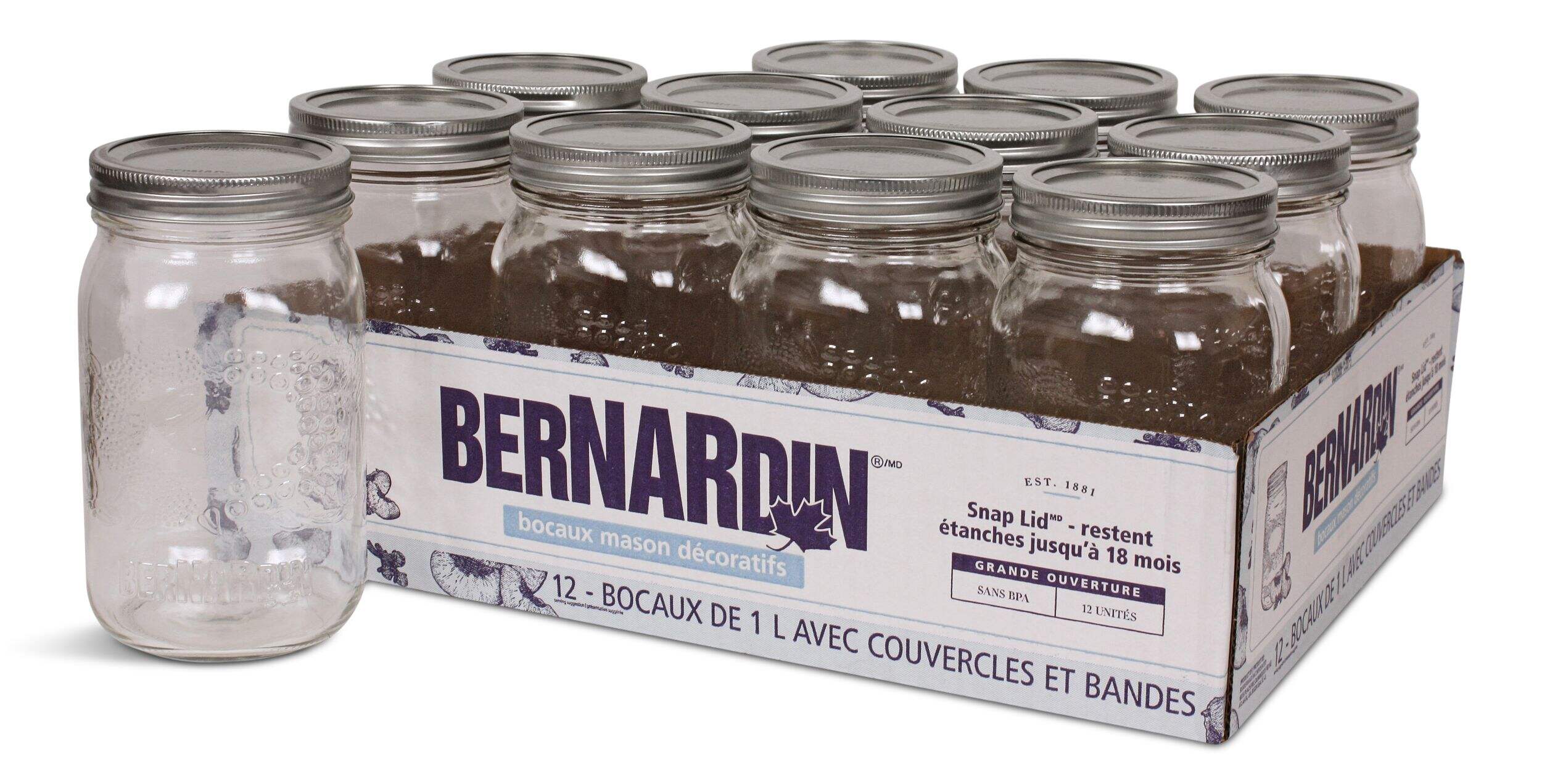 Bocaux Mason décoratifs en verre Bernardin avec couvercles à pression, 1 litre, paquet de 12 Composite_or_Mixed