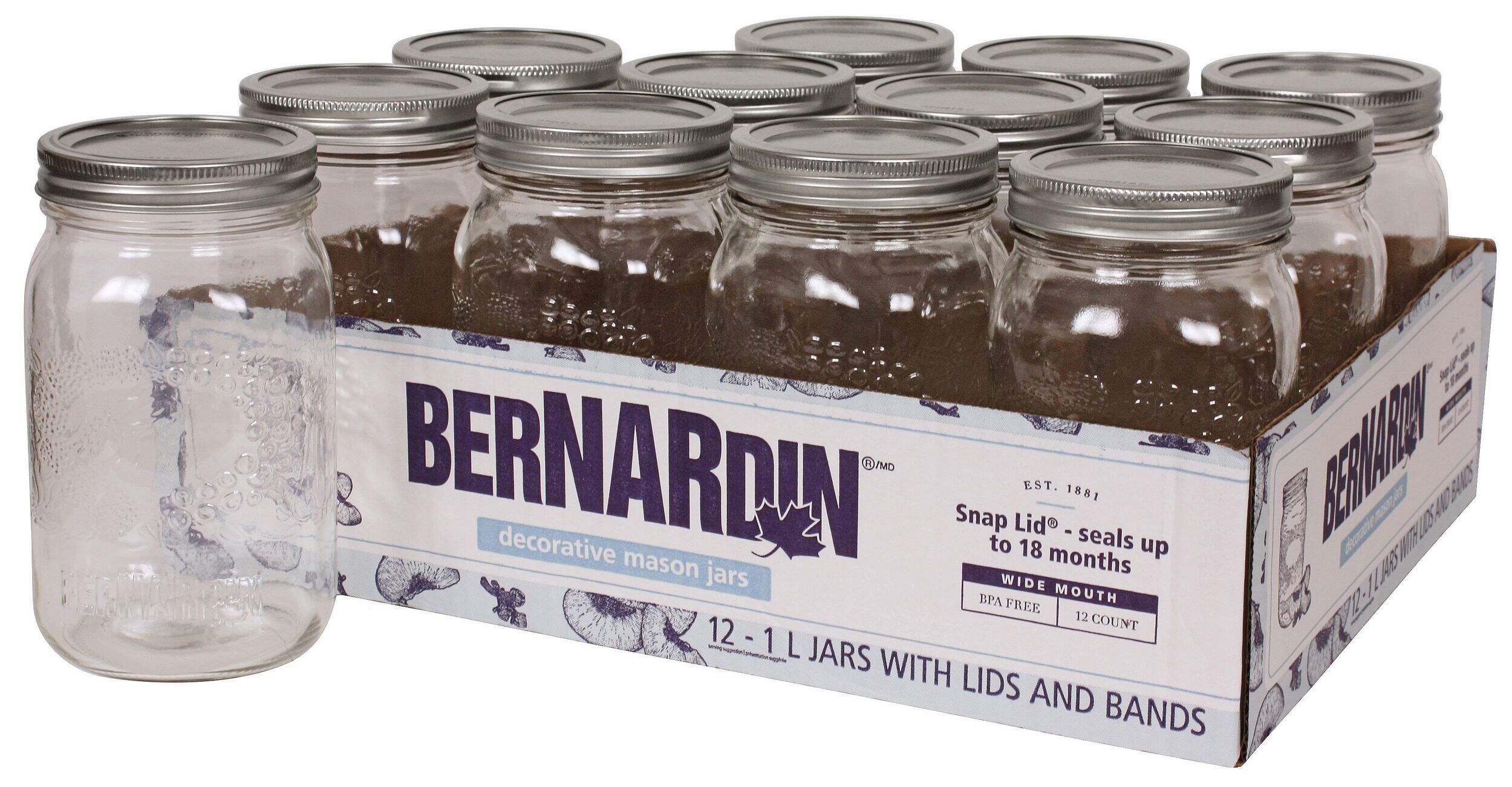 Bernardin Decorative Glass Mason Jars with Snap Lids, 1 L, 12 Count Composite_or_Mixed