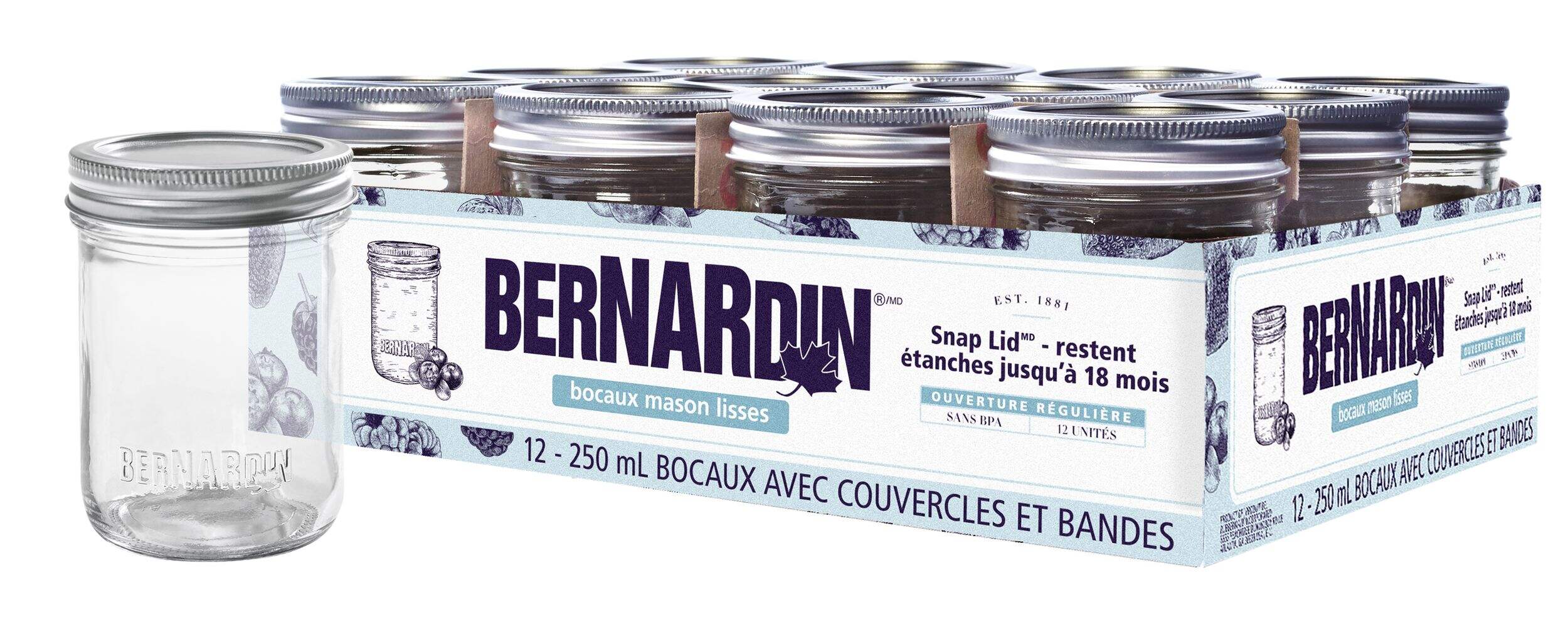 Bocaux Mason en verre à ouverture standard Bernardin avec couvercles à pression, 250 mL, paq. 12 Composite_or_Mixed