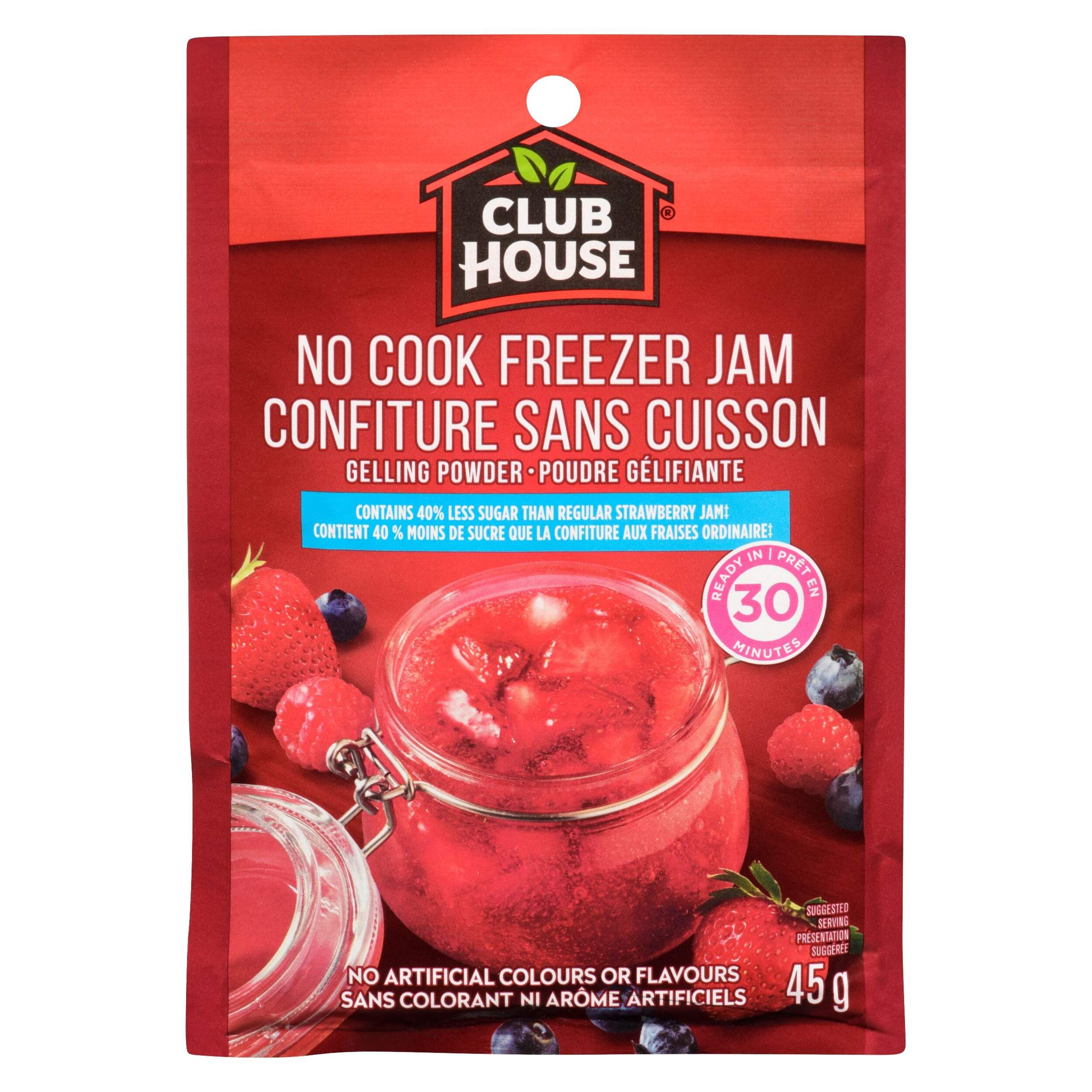 Club House No Cook Strawberry Freezer Jam, Reduced Sugar Recipe, 45-g Front_Flat