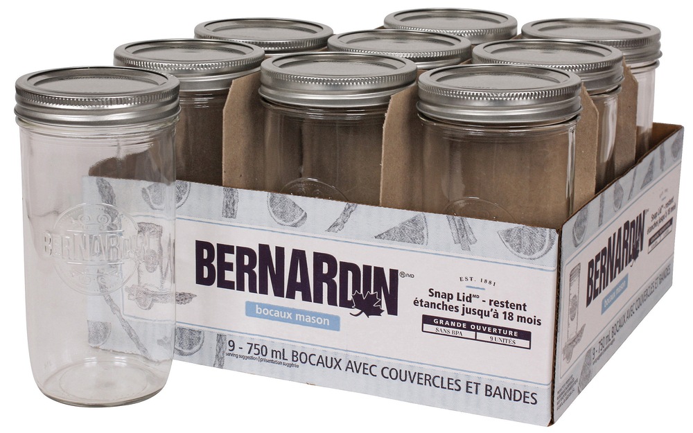 Bernardin 9 x 750mL Wide Mouth Glass Mason Jars with Snap Lids