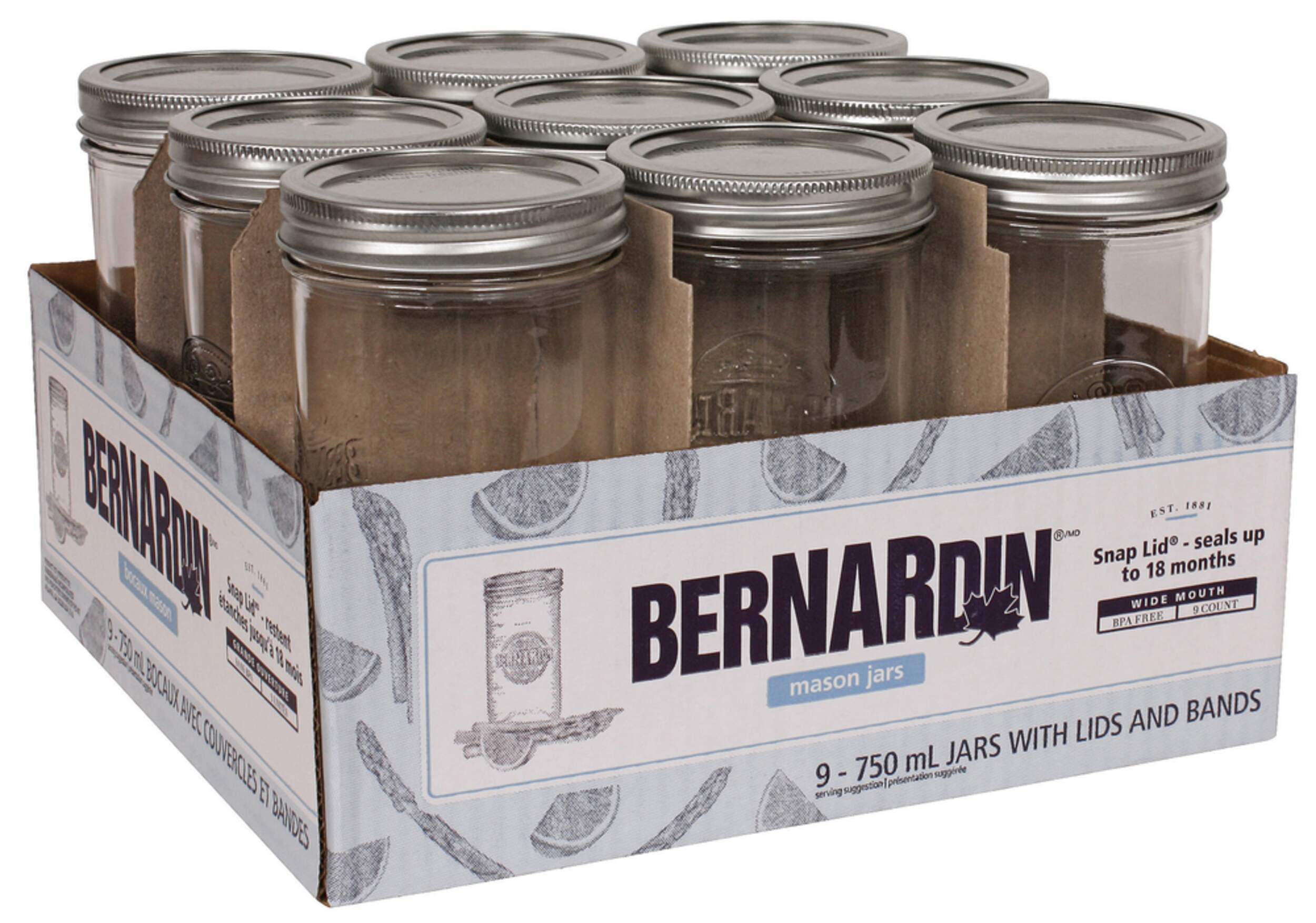 Bernardin Wide Mouth Glass Mason Jars with Snap Lids, 750 ml, 9 Count
