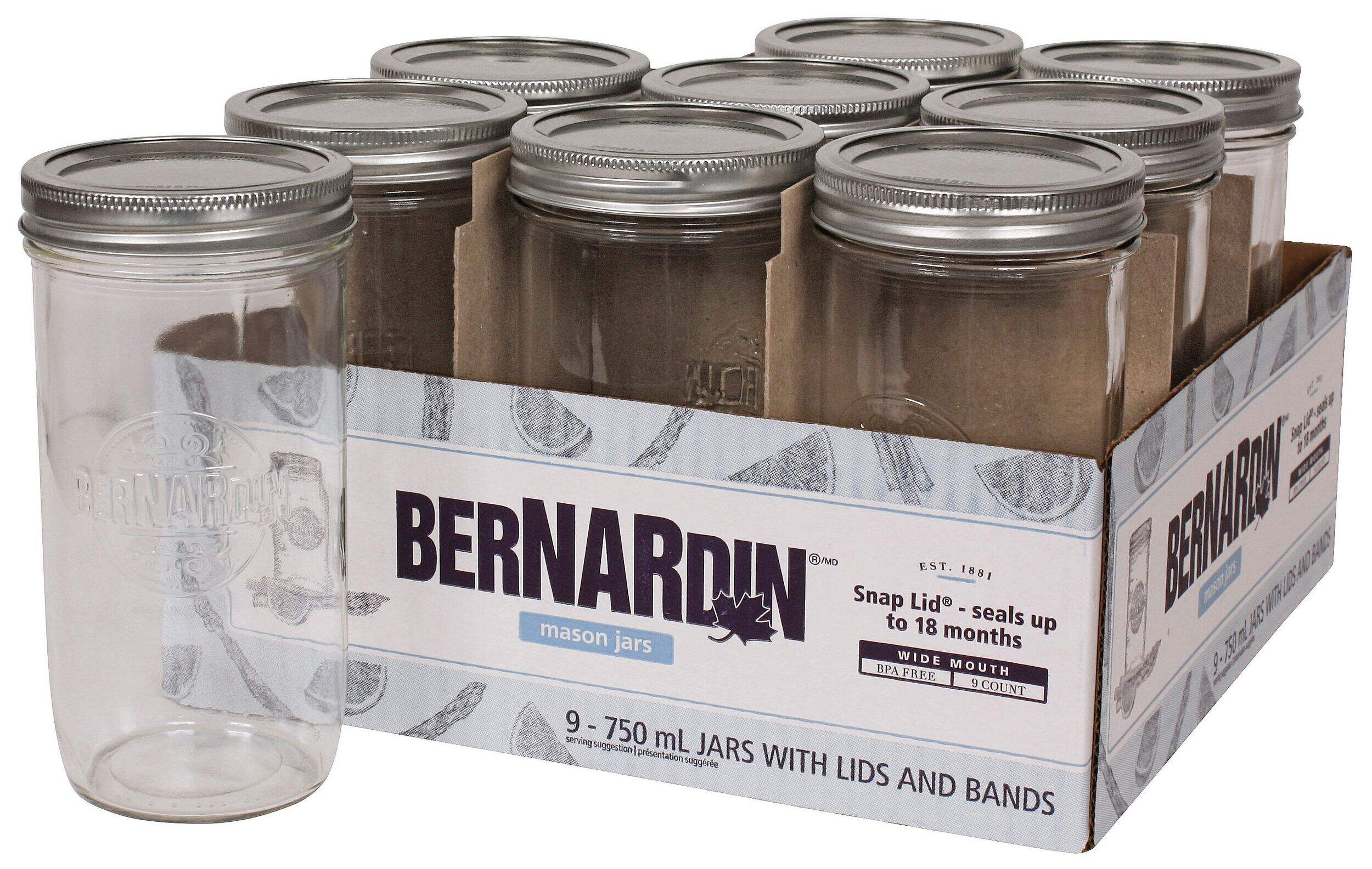 Bernardin Wide Mouth Glass Mason Jars with Snap Lids, 750 ml, 9 Count Composite_or_Mixed