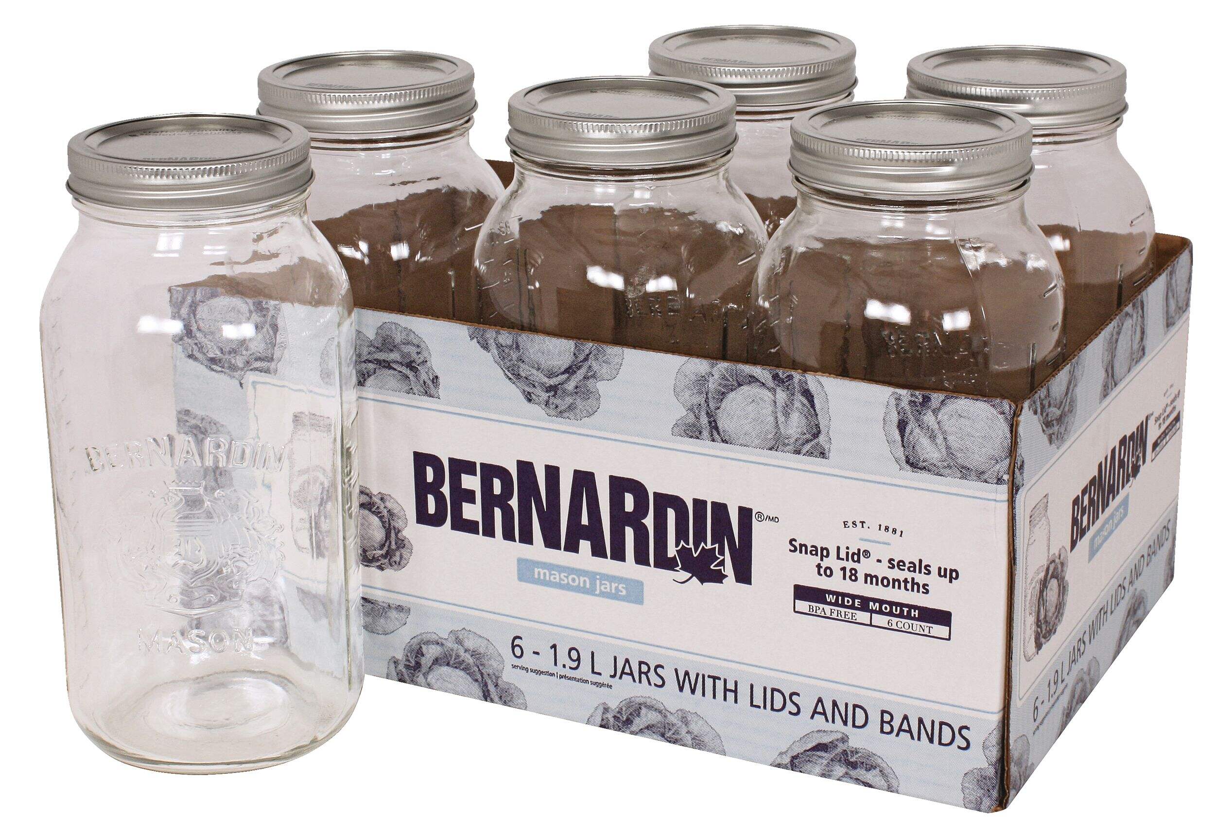 Bernardin Wide Mouth Glass Mason Jars with Snap Lids, 1.9 L, 6 Count Composite_or_Mixed