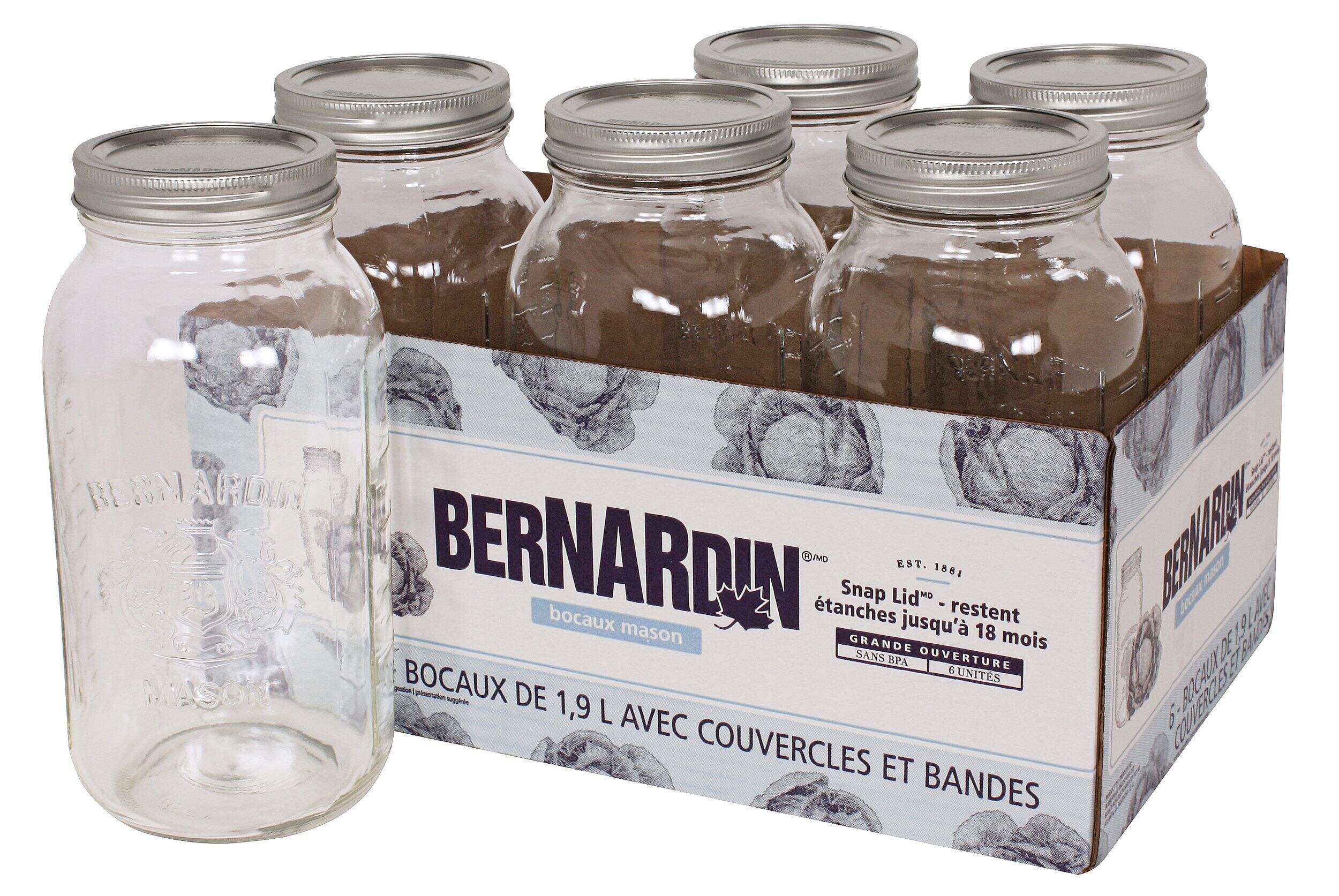 Bernardin Wide Mouth Glass Mason Jars with Snap Lids, 1.9 L, 6 Count