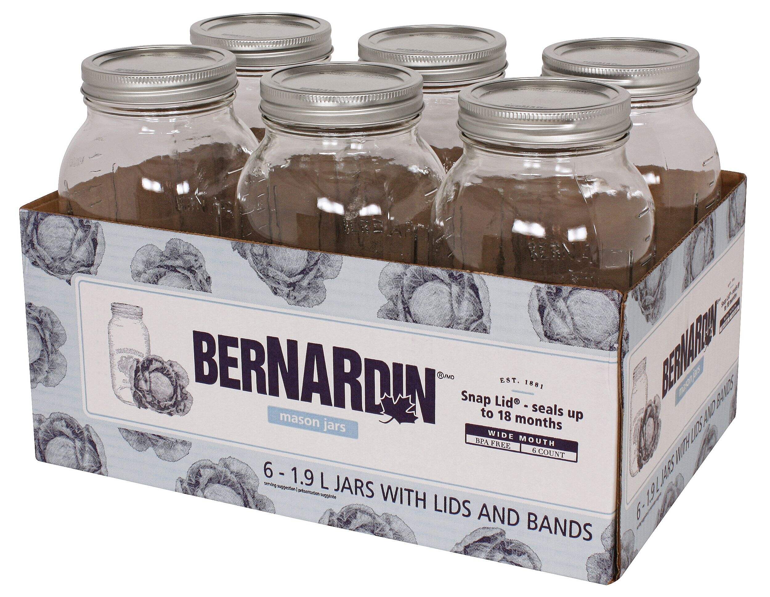 Bernardin Wide Mouth Glass Mason Jars with Snap Lids, 1.9 L, 6 Count
