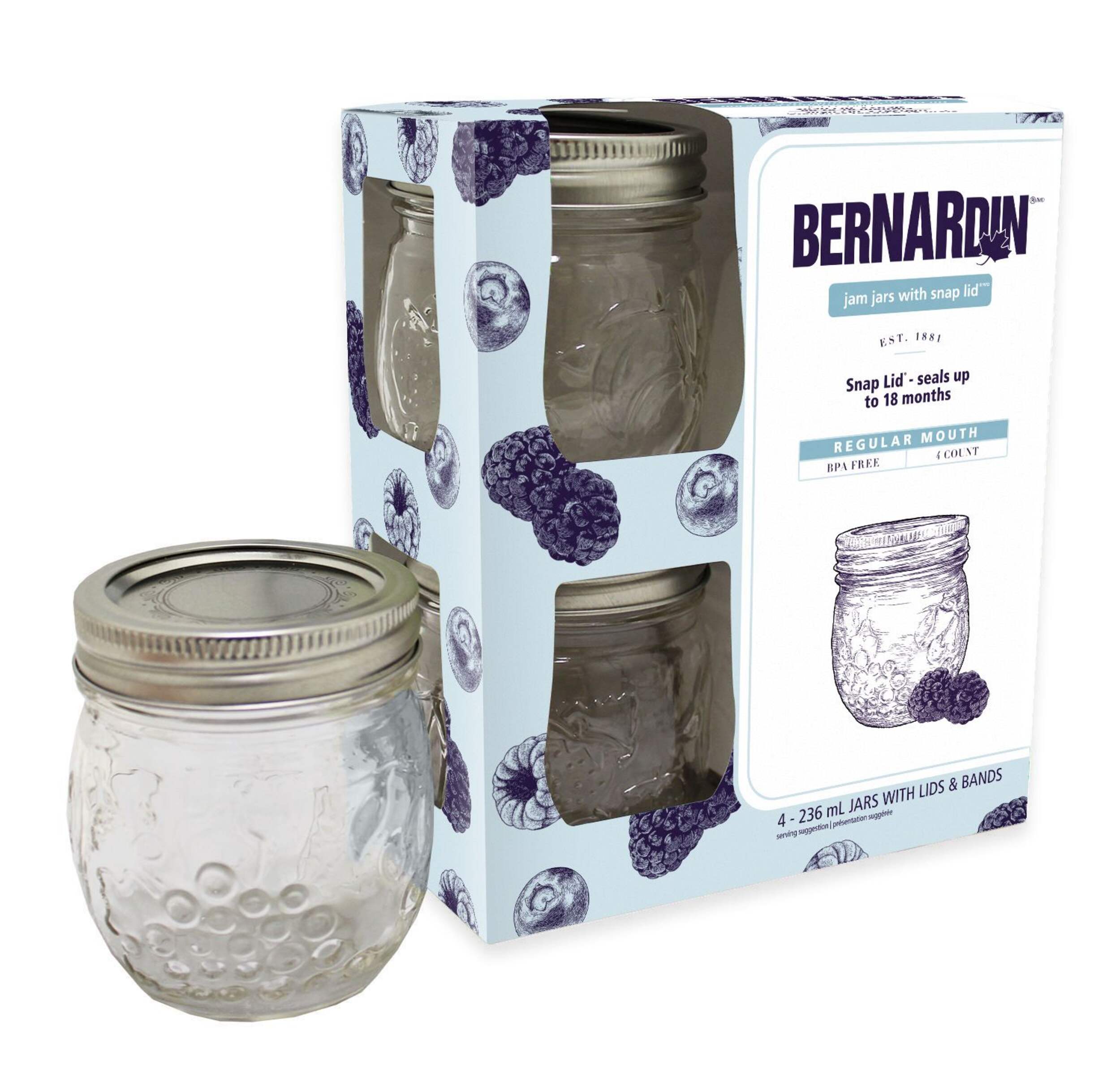 Bernardin Regular Mouth Jam Jars with Snap Lids and Bands, 236 mL, 4 Count Front_Angled_Right