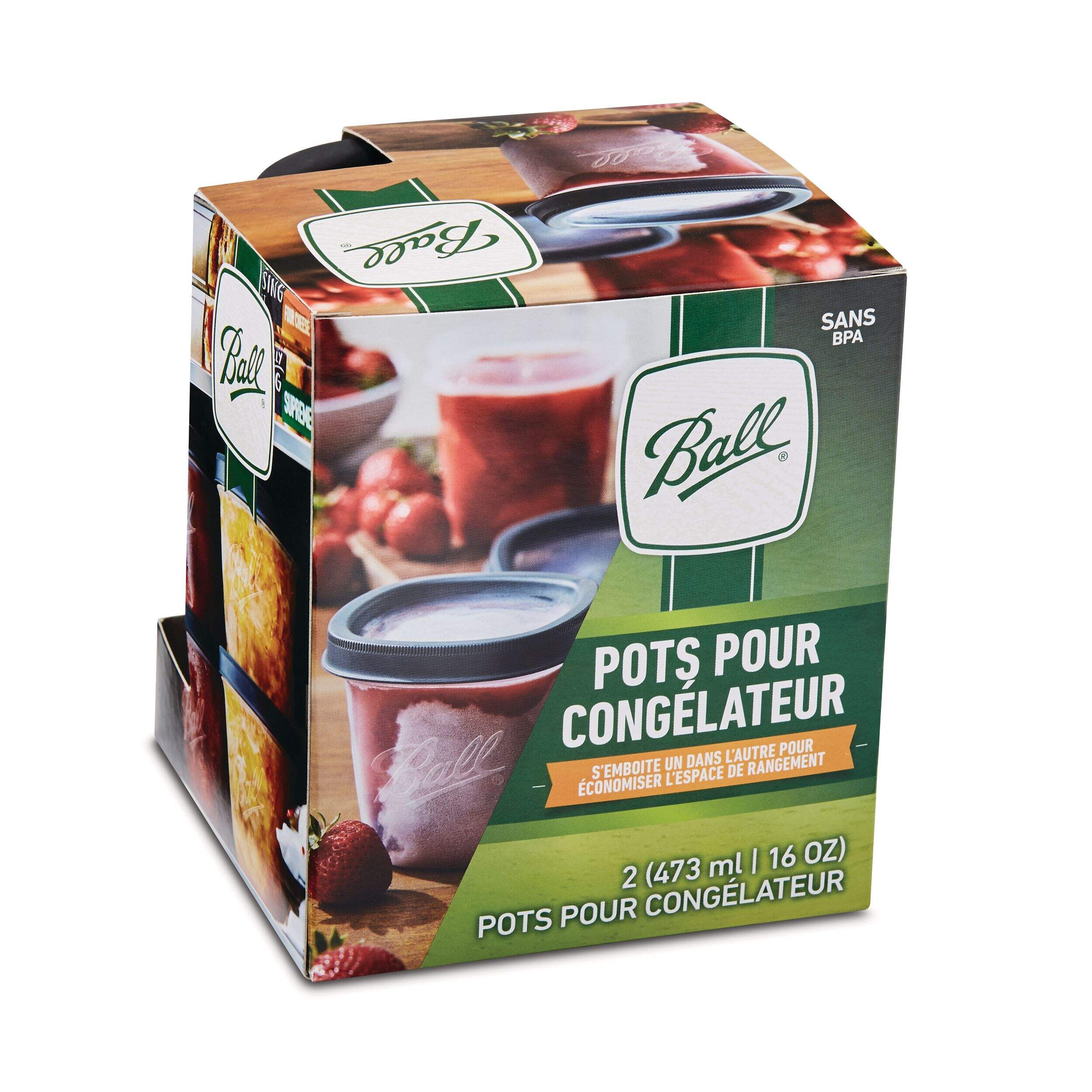 Bocaux de congélation empilables Ball, couvercle à enclenchement en plastique, sans BPA, 473 mL, paq. 2 Front_Angled_Right