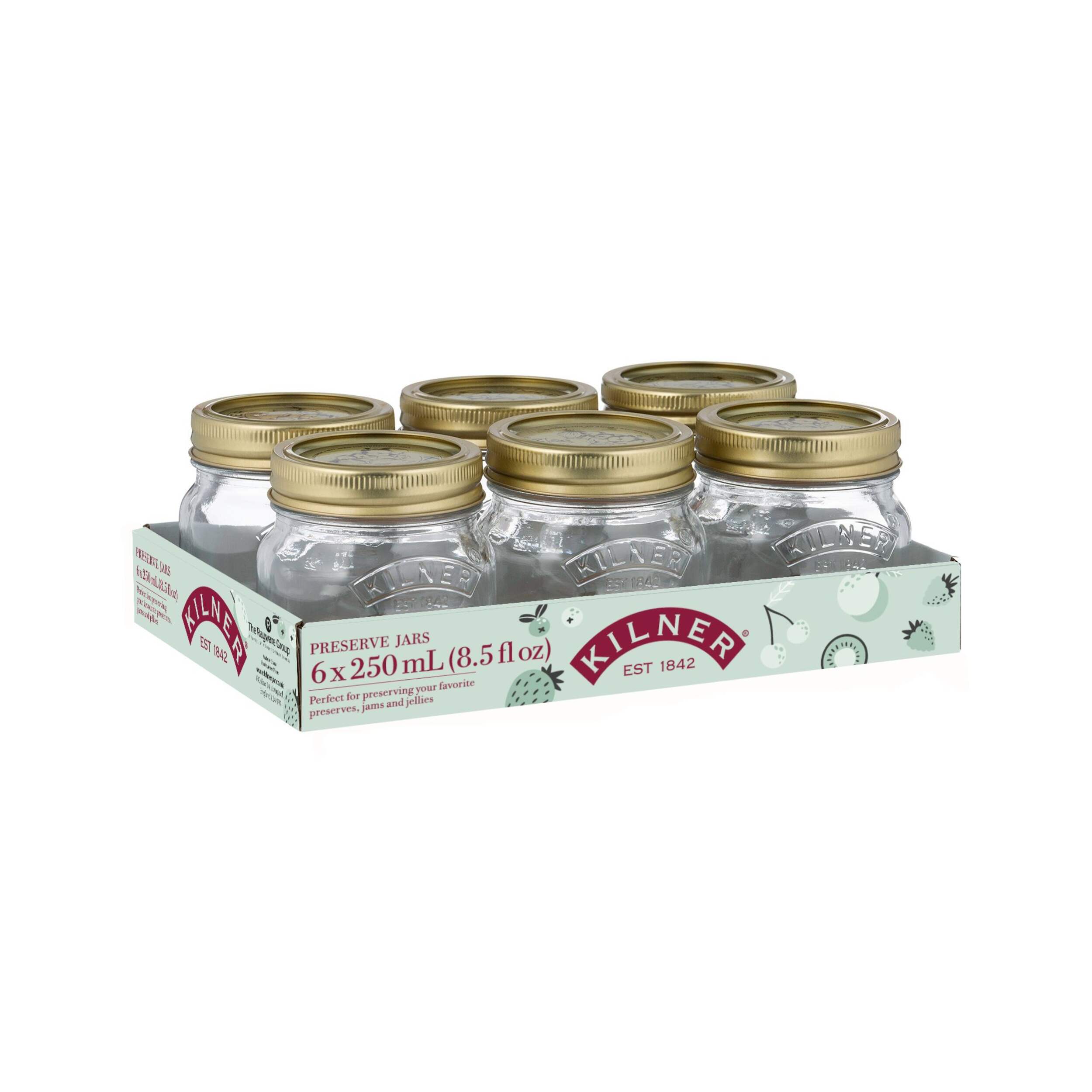 Kilner Regular Mouth Glass Mason Jars with Sealing Lids, 250 mL, 6 Count Front_Three_Fourths_Angled_Right
