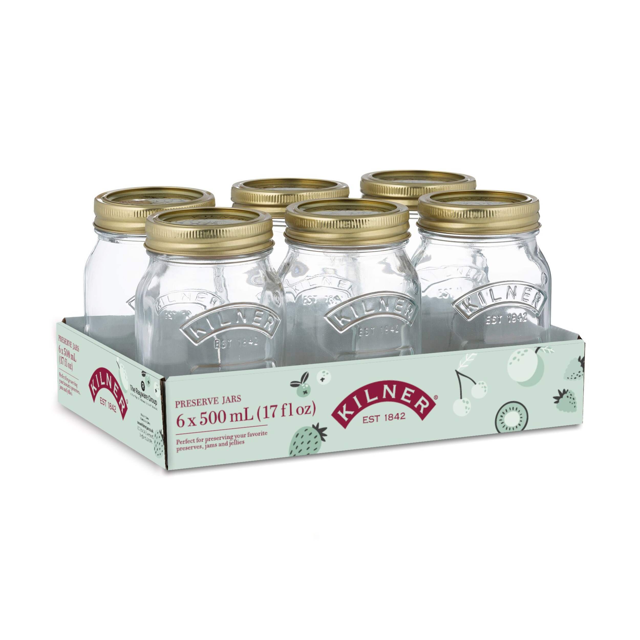 Kilner Regular Mouth Glass Mason Jars with Sealing Lids, 500 mL, 6 Count Front_Three_Fourths_Angled_Right