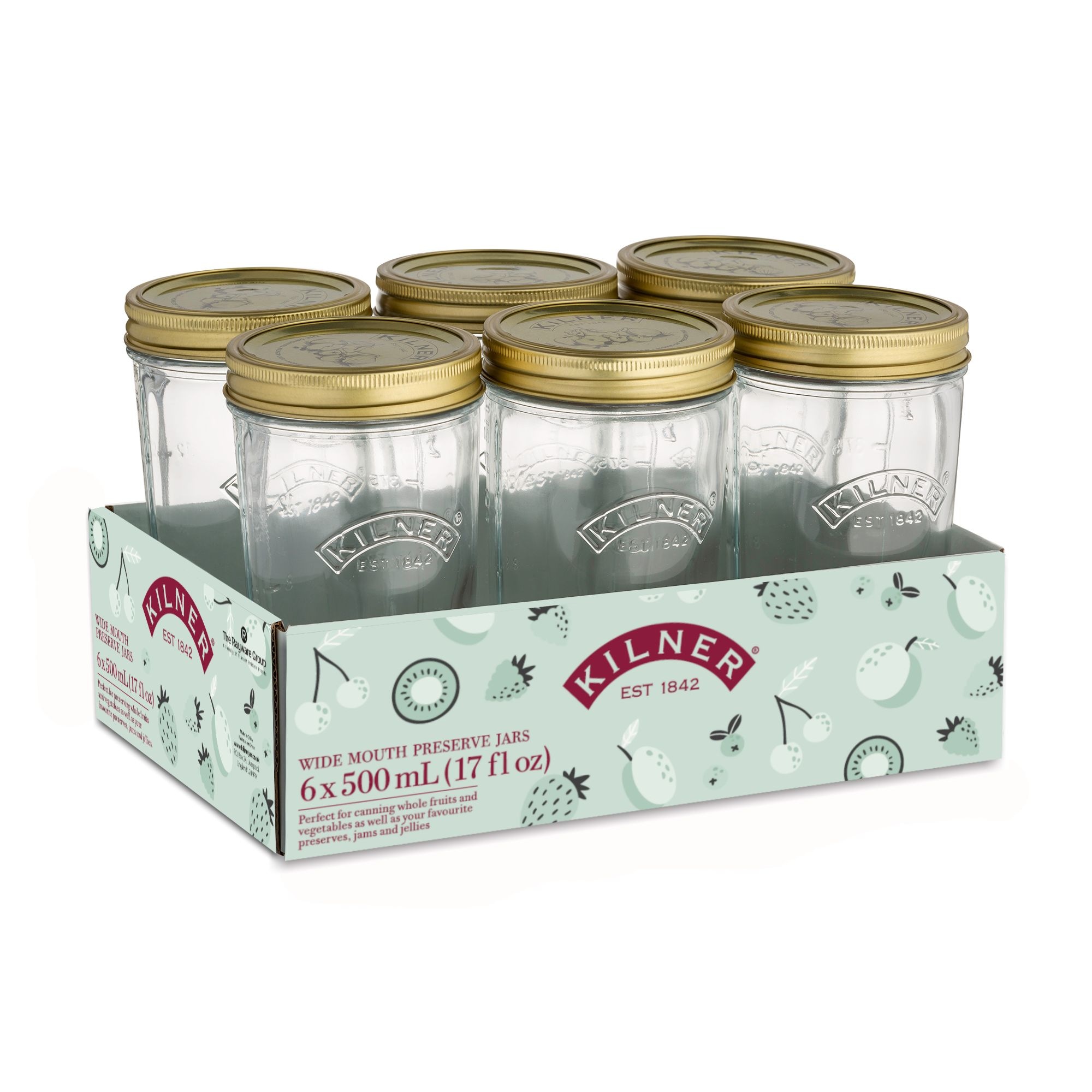 Kilner 6 x 500mL Wide Mouth Glass Mason Jars with Sealing Lids