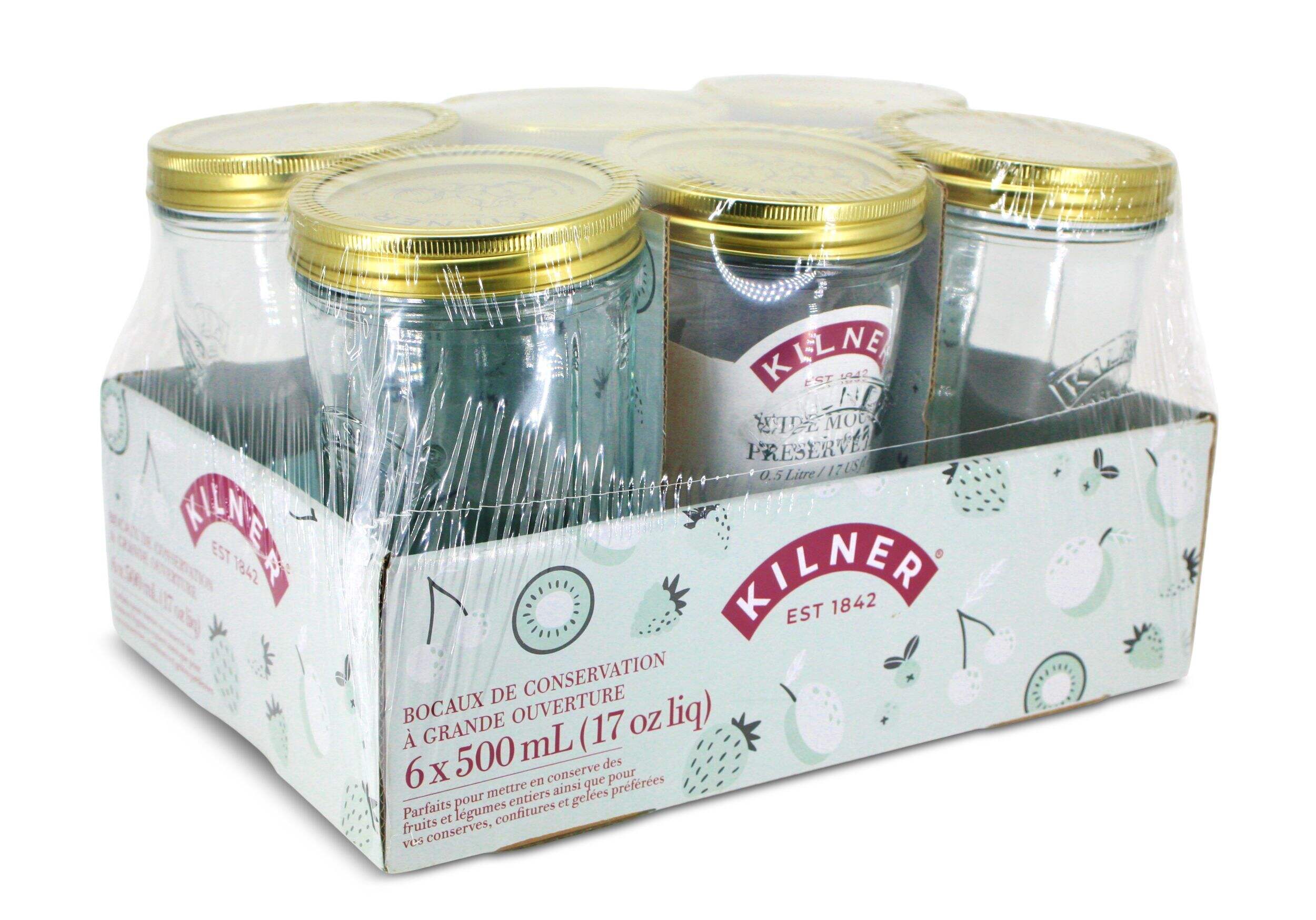 Pots Mason Kilner de 500 ml en verre à col large avec couvercles de scellage, paq. de 6 Front_Angled_Right