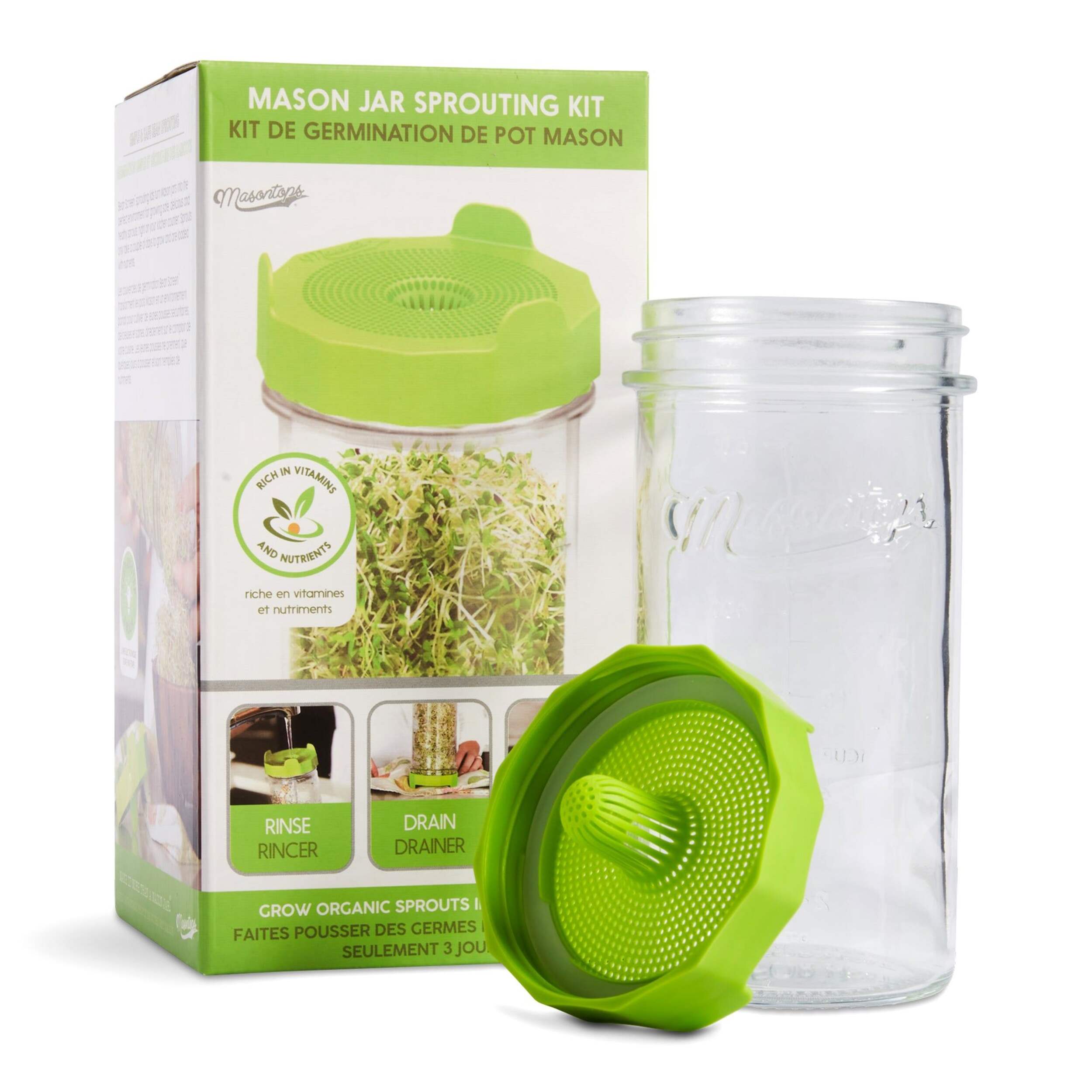 Masontops Mason Jar Sprouting Kit With Glass Mason Jar Bean Screen