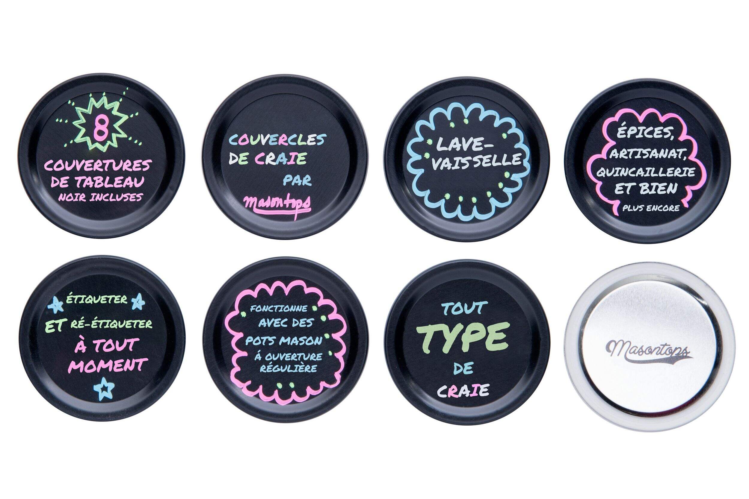 Couvercles (non-scellant) à ouverture ordinaire Masontops Chalk Tops pour bocaux Mason, paq. 8 Overhead_Flat