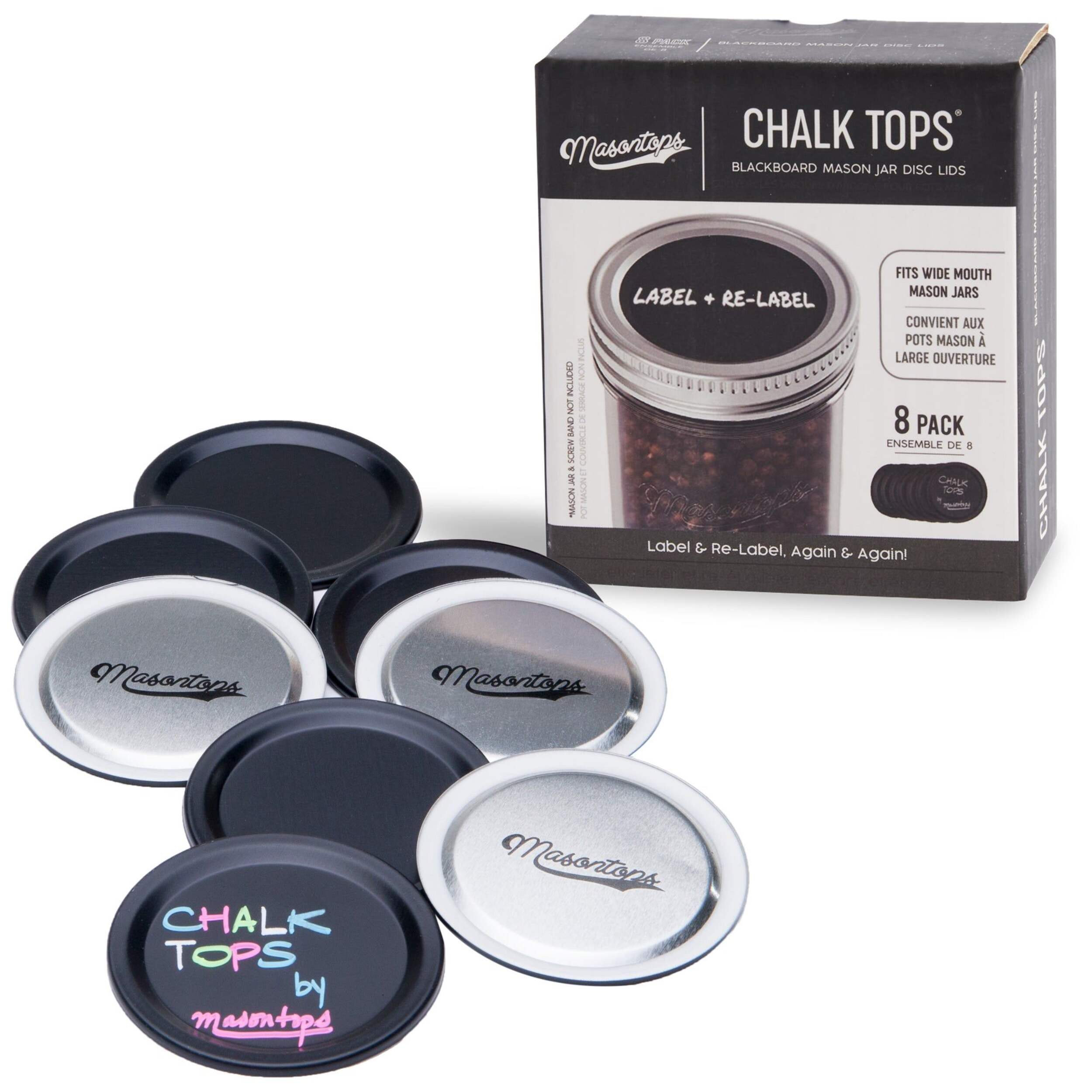 Masontops Chalk Tops Wide Mouth Storage Lids (Non-Sealing) for Mason Jars, 8-pk Composite_or_Mixed