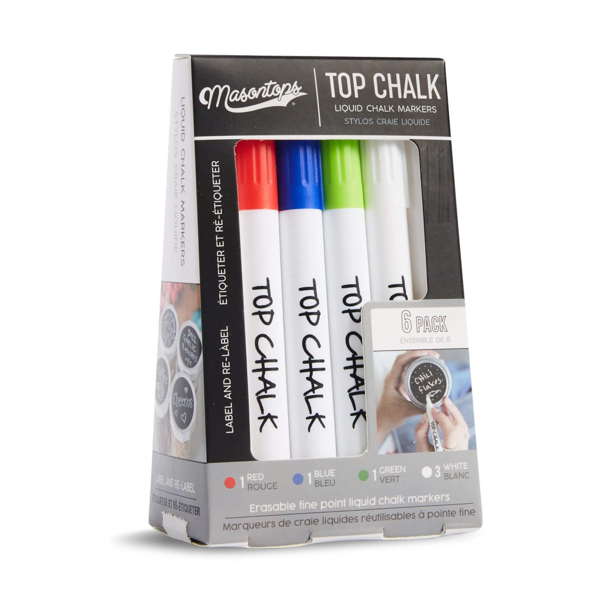 Masontops Top Chalk Erasable Liquid Chalk Markers, Multi-Colour, 6-pk Front_Three_Fourths_Angled_Right