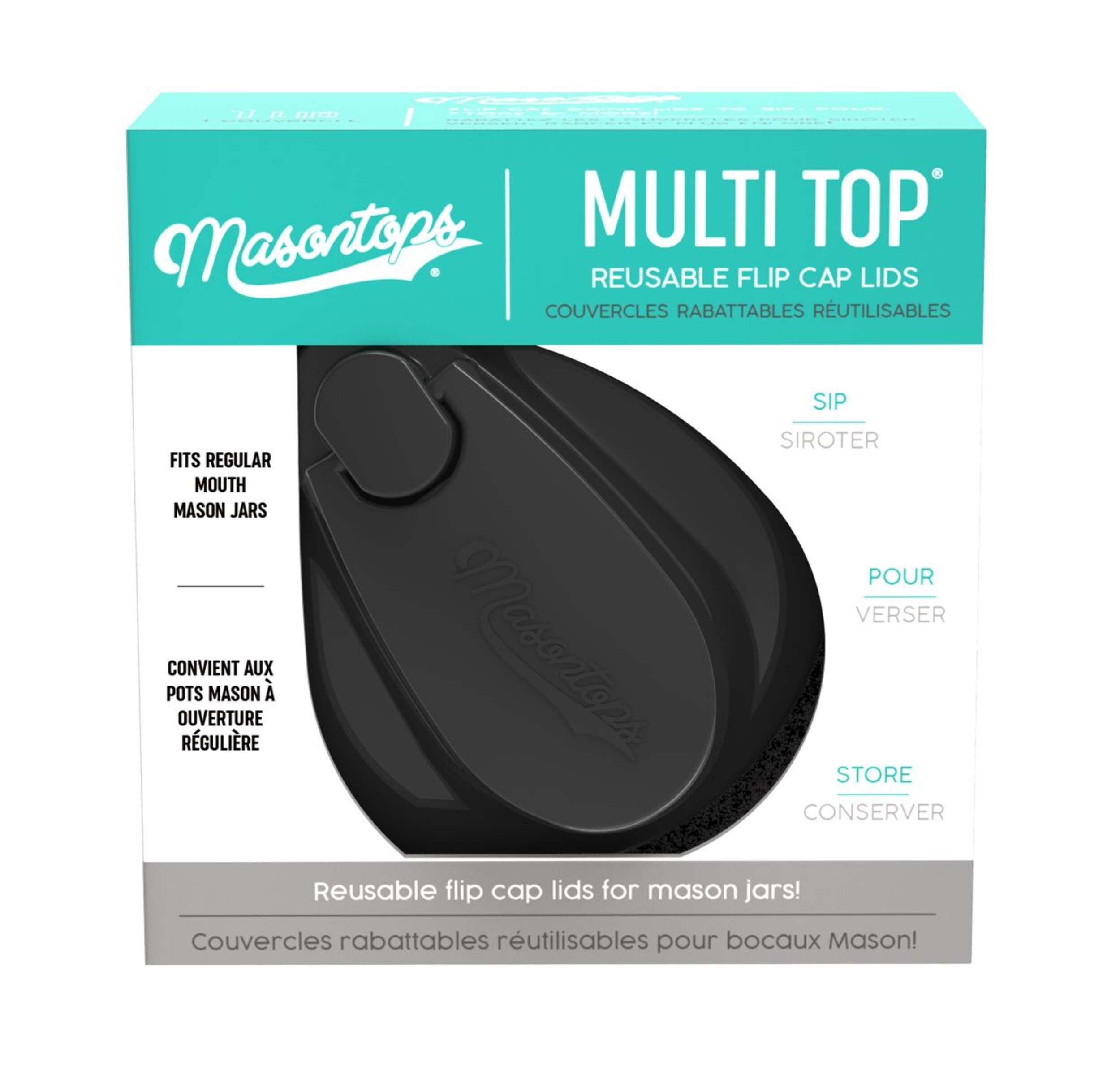 Masontops Multi-Top Regular Mouth Plastic Flip Cap Storage Lid for Mason Jars, Black Front_Elevated
