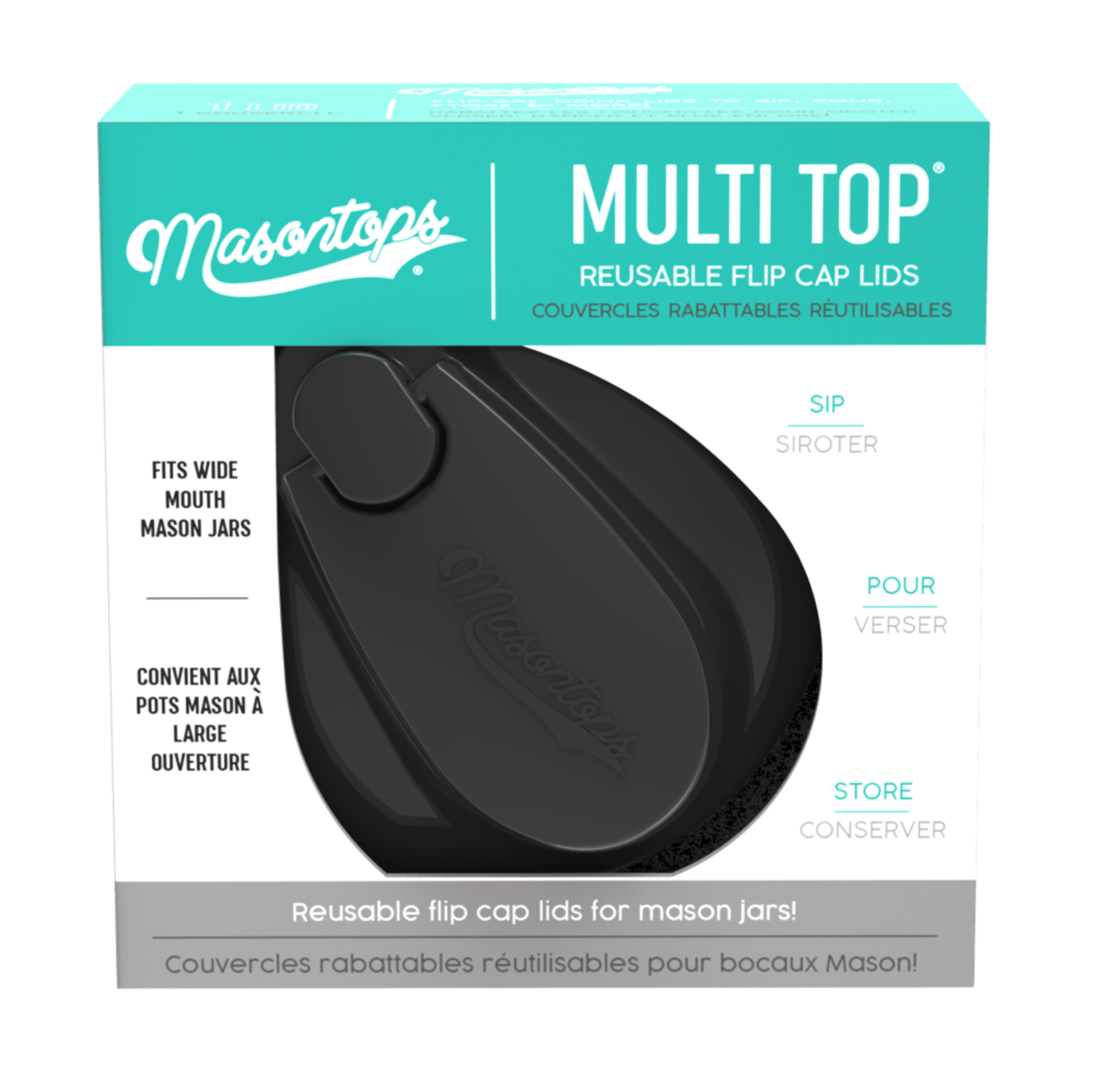 Masontops Multi-Top Wide Mouth Plastic Flip Cap Storage Lid for Mason Jars, Black Front_Flat