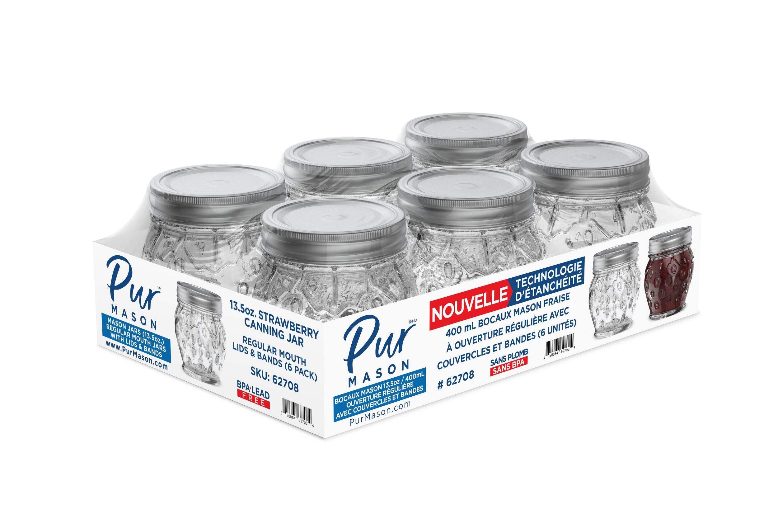 Pur Mason Strawberry Jam Jar, Clear Glass, 13.5-oz/399-mL, 6-pk Front_Three_Fourths_Angled_Right