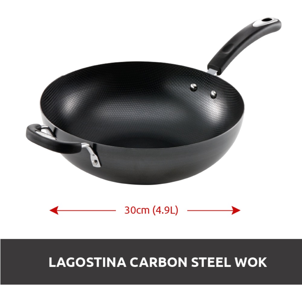 Lagostina Carbon Steel Wok Stir Fry Pan, Oven Safe, Black, 30cm