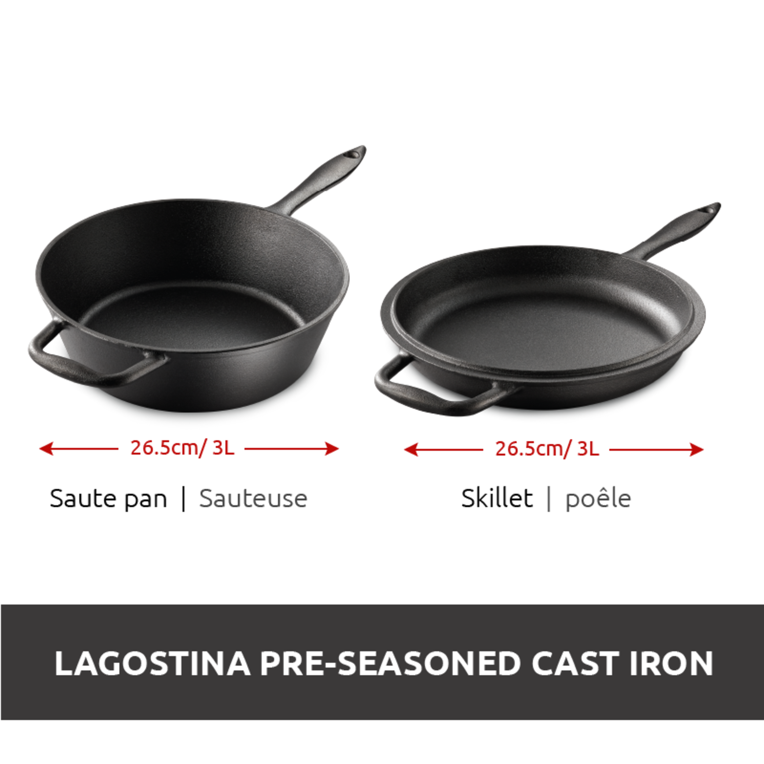 Lagostina Preseasoned Cast Iron Skillet and Saute Pan Set, Oven Safe ...