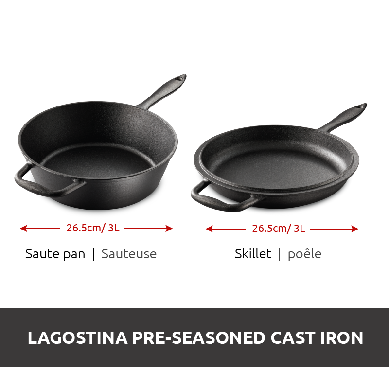Lagostina Preseasoned Cast Iron Skillet and Saute Pan Set, Oven Safe
