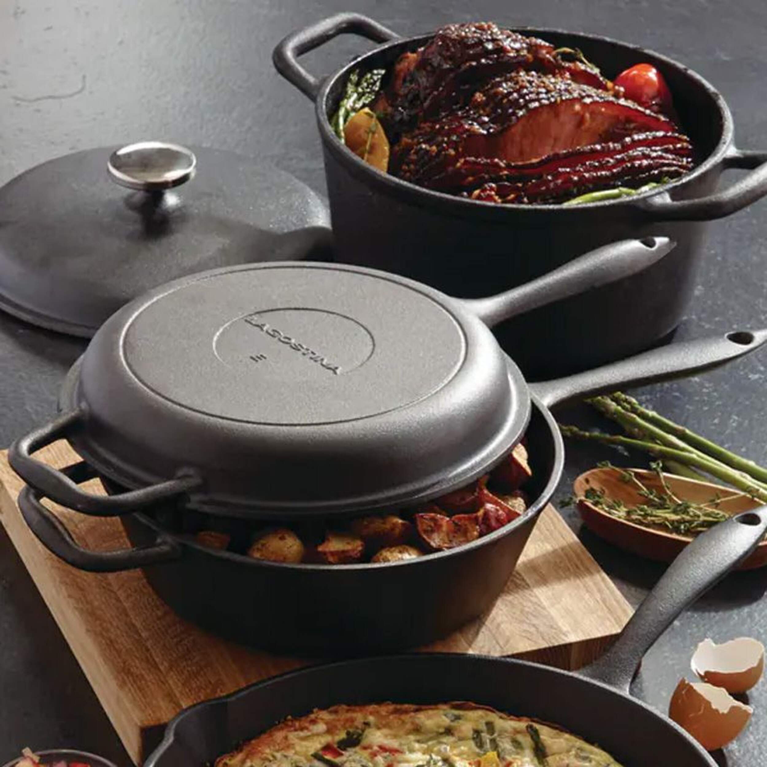 Lagostina Preseasoned Cast Iron Skillet and Saute Pan Set, Oven Safe ...