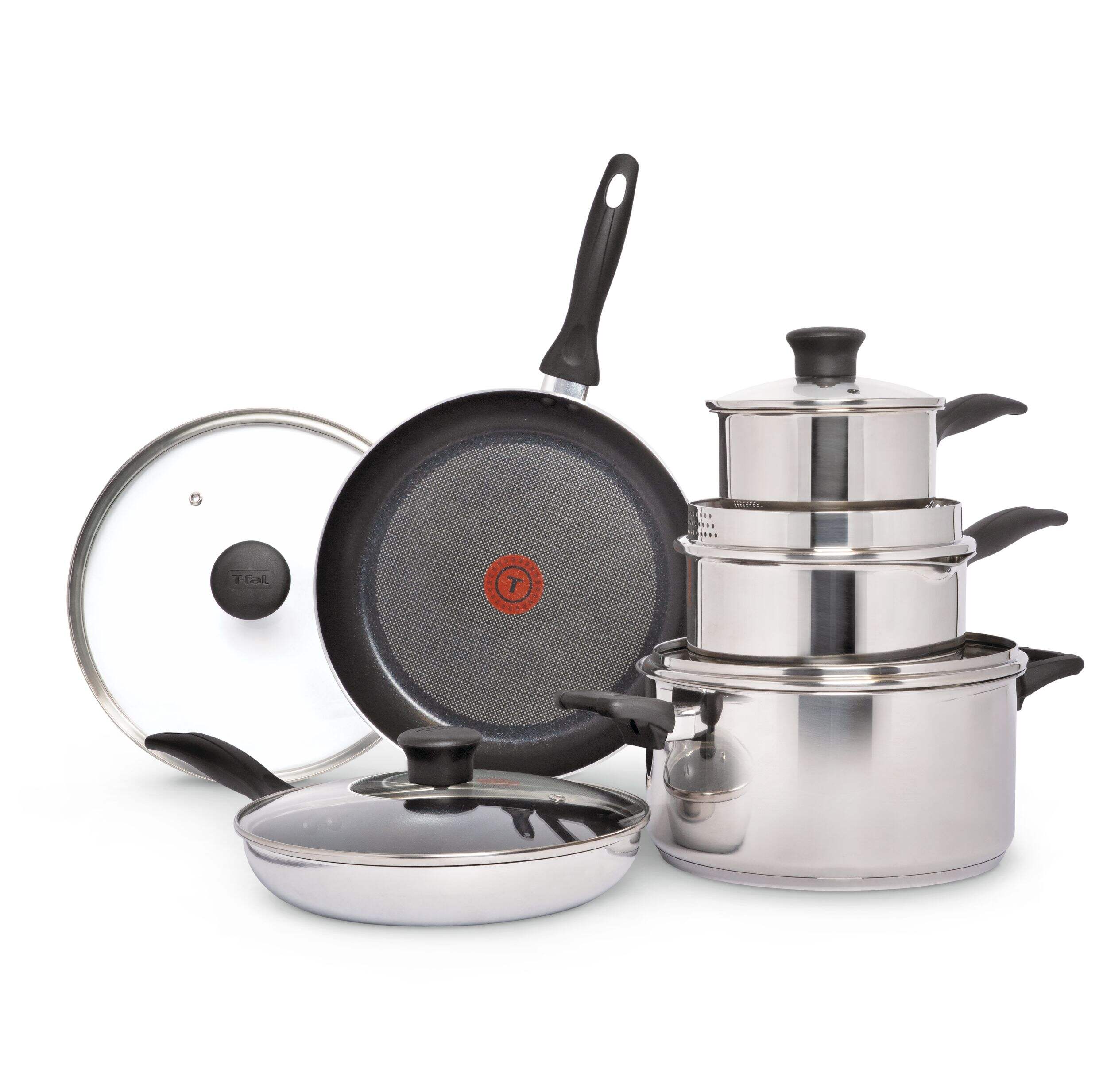 T-fal Stainless Steel Cookware Set, Non-Stick, Dishwasher & Oven Safe, 10-pc Composite_or_Mixed