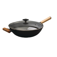 PADERNO Classic Cast Iron Wok Stir Fry Pan, PFOA-Free, Non-Stick, Black, 32cm Front_Three_Fourths_Angled_Left
