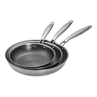 The Rock Clad Non-Stick Frying Pan Set, Hybrid Stainless Steel & Ceramic, PFAS-Free, Induction Compatible, Silver, 20cm, 24cm, 28cm, 3-pk Front_Angled_Left