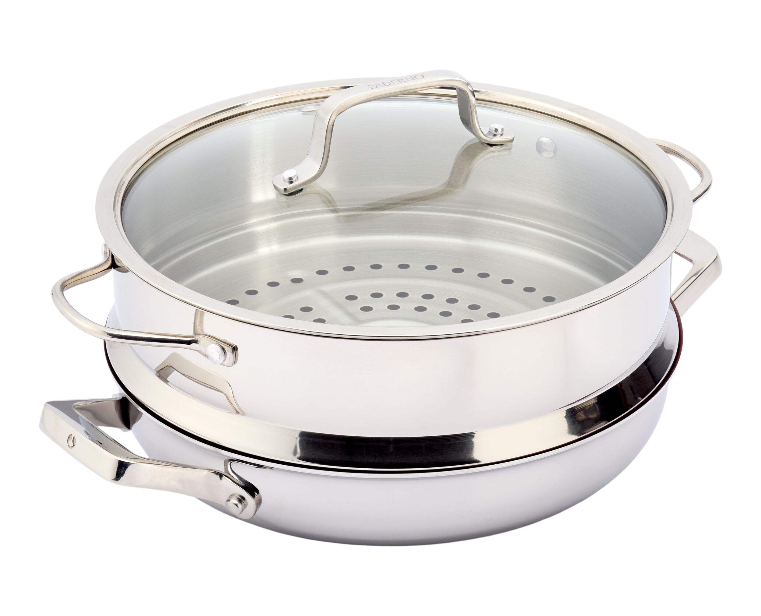 PADERNO Chef's Choice Non-Stick Pan with Steamer Front_Angled_Right