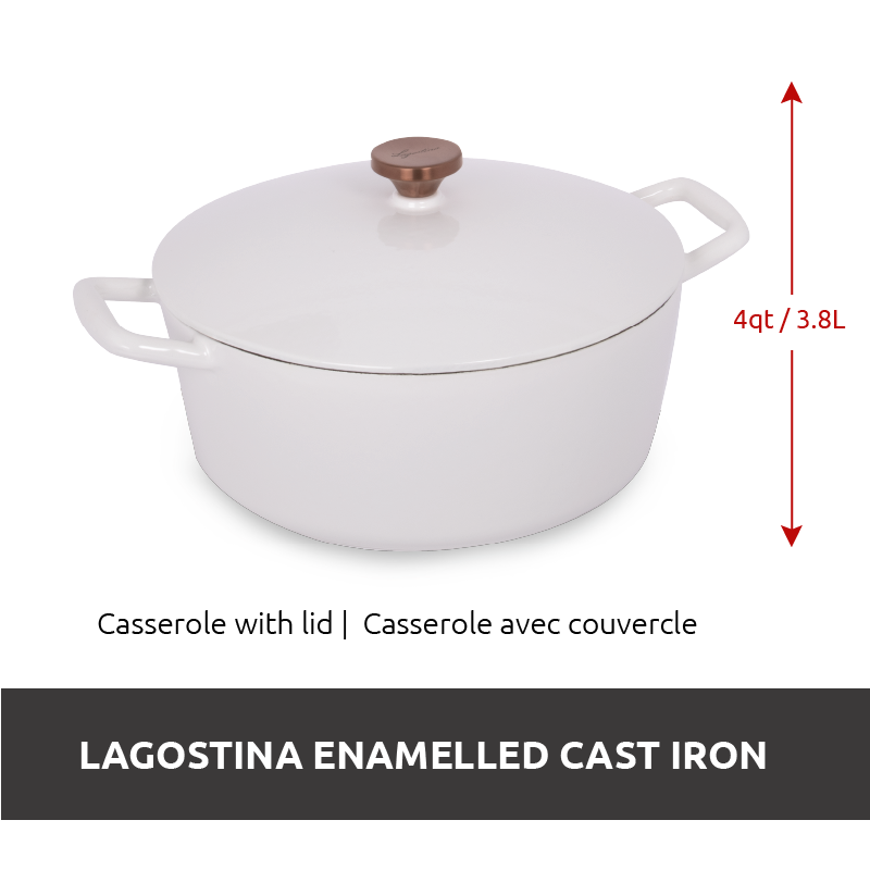 Lagostina Tuscan Collection Enamel Cast Iron Dutch Oven, White, 4qt