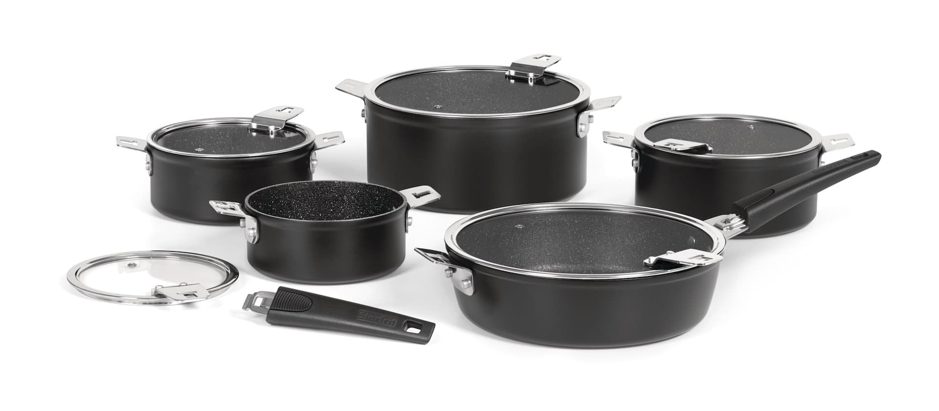 Kitchen Academy Detachable Handle Induction Cookware Sets - 10 Piece  Non-stick Pots and Pans Set with Removable Handle, Black Granite Cooking  Pans Set, Stackable RV Cookware for Camp