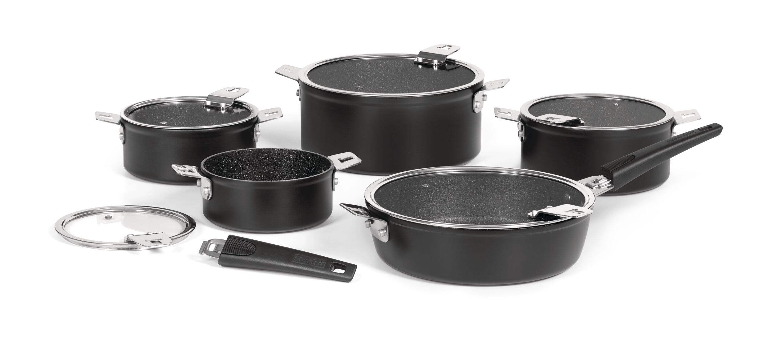 Heritage The Rock Diamond Non-Stick T-Lock Cookware Set w/ Detachable Handles, Black, 14-pc Front_Elevated