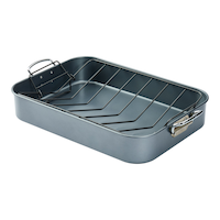 Master Chef Non-Stick Heavy Duty Roaster with Handle & Rack, Grey, 17-in Front_Angled_Left