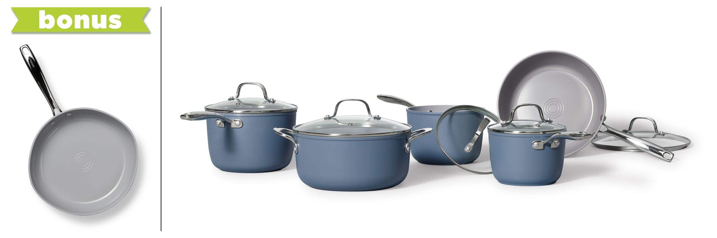 Batterie de cuisine antiadhésive en céramique Heritage Rock allant au lave-vaisselle et au four avec poêle à frire en prime, bleu douceur, paq. 10 Front_Flat