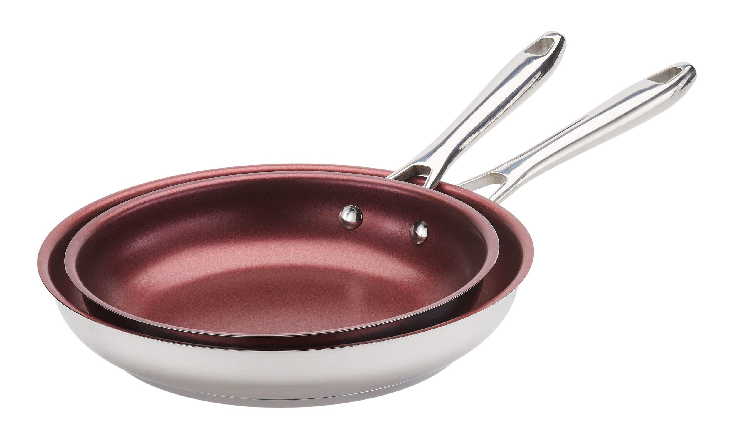 PADERNO Canadian Signature Stainless Steel Non-Stick Frying Pan, Dishwasher & Oven Safe, Burgundy, 24cm & 28cm, 2-pk Front_Three_Fourths_Angled_Left