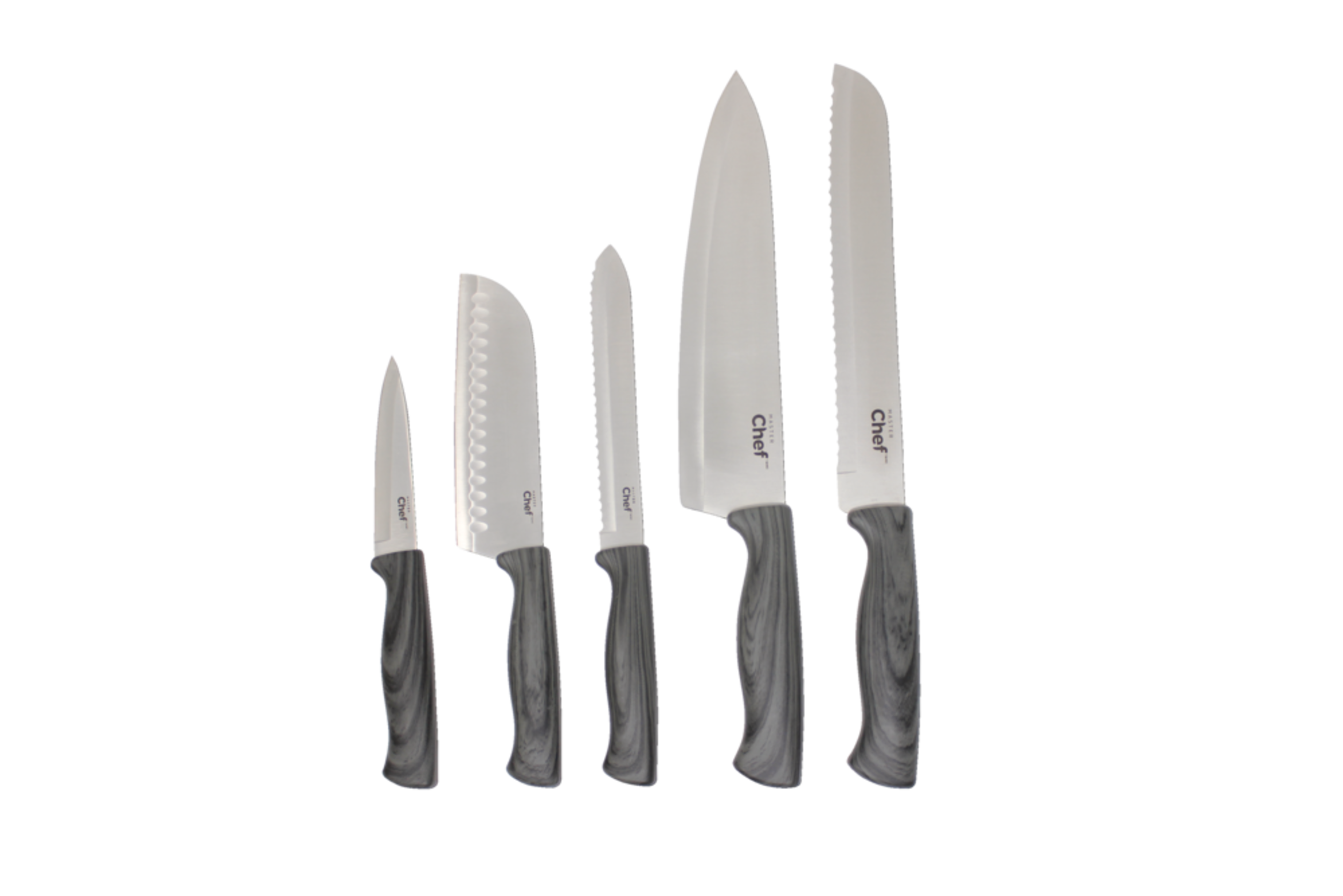 MASTER Chef Stainless Steel Wood Inspired Knife Set, Ergonomic Grip, 5-pc Overhead_Flat