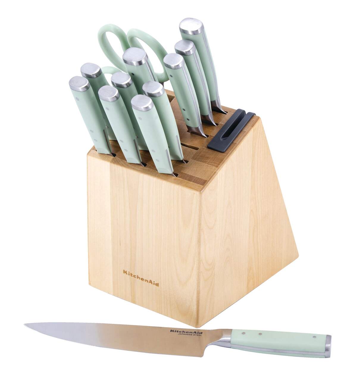 Bloc de bois forgé avec couteaux à trois rivets forgés classiques  KitchenAid avec affûteur intégré, pistache, 14 pièces