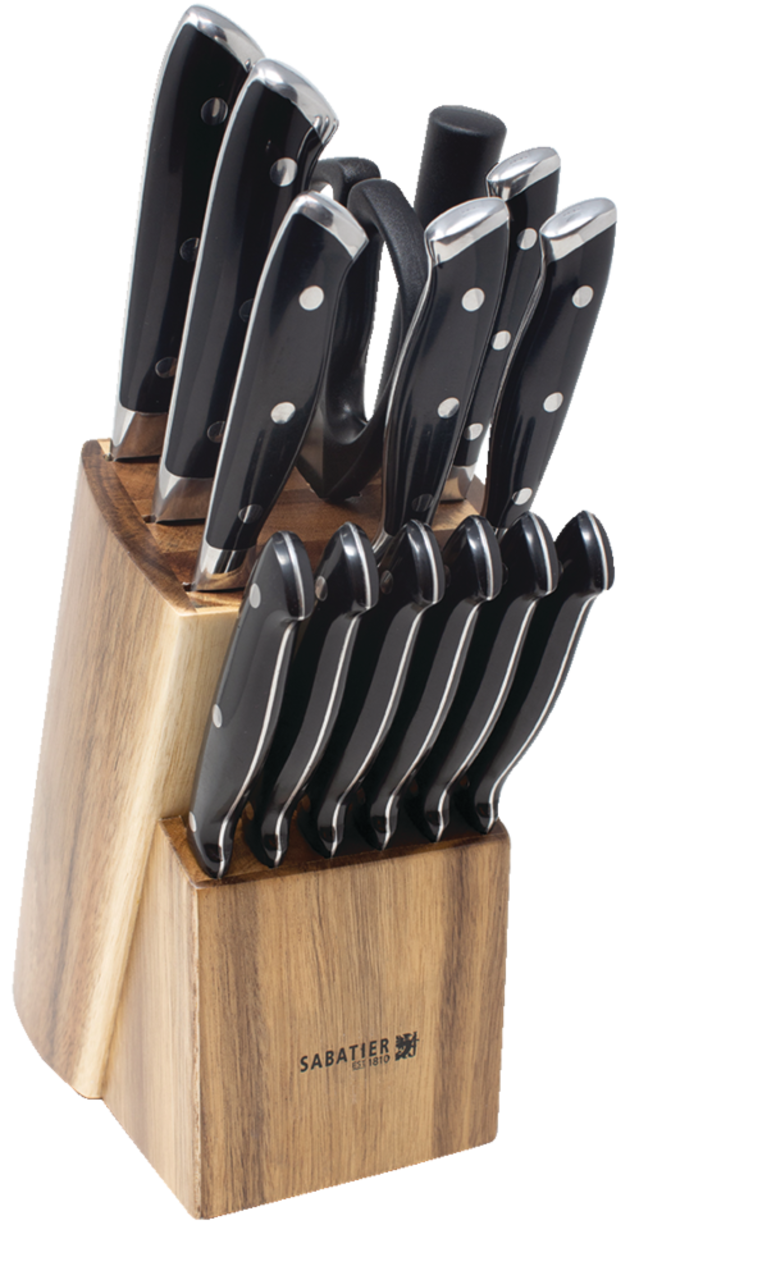 Sabatier Ensemble de couteaux forgés à triple rivet avec aiguiseur intégré,  couteaux de cuisine en acier inoxydable à haute teneur en carbone, ensemble  de couteaux tranchants avec bloc d'acacia et technologie Edgekeeper